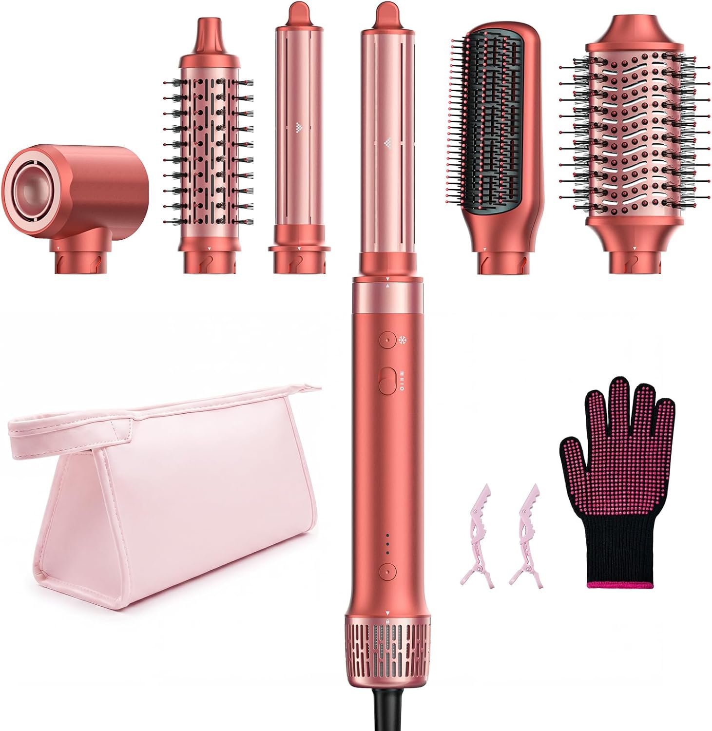 HITTIONA Hot Air Styler & Hair Dryer Brush Kit, 1500W No Heat Damage Frizz-Free Hair Styler for Curl, Wavy, Volumizer, Straighten, Fast Drying, Vermilion