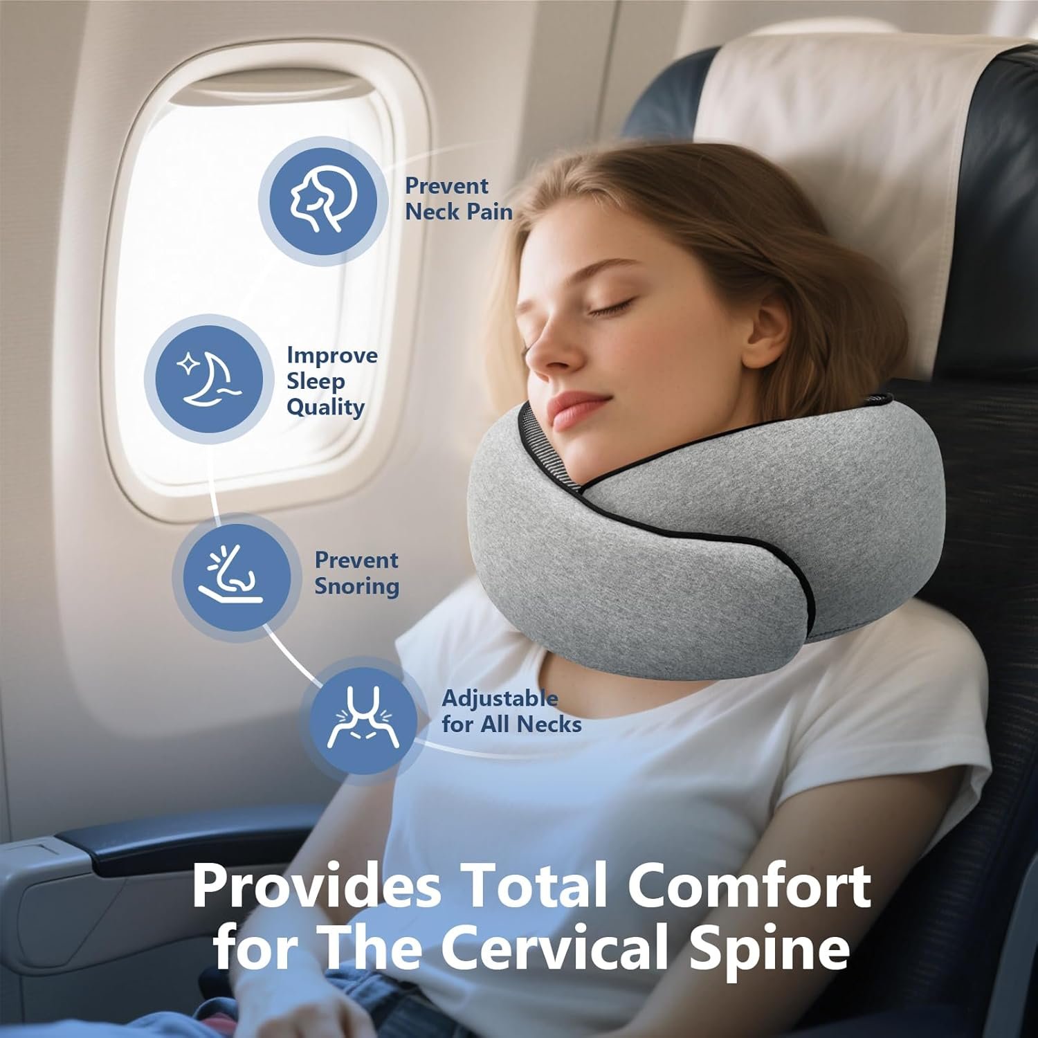 Purroch Neck Pillow Airplane, Travel Pillow with Eye Mask & Earplugs, Memory Foam Pillow with Adjustable Velcro Strap, Pillows for Travel, Plane, Car, Home, Work, Light Grey - Image 4