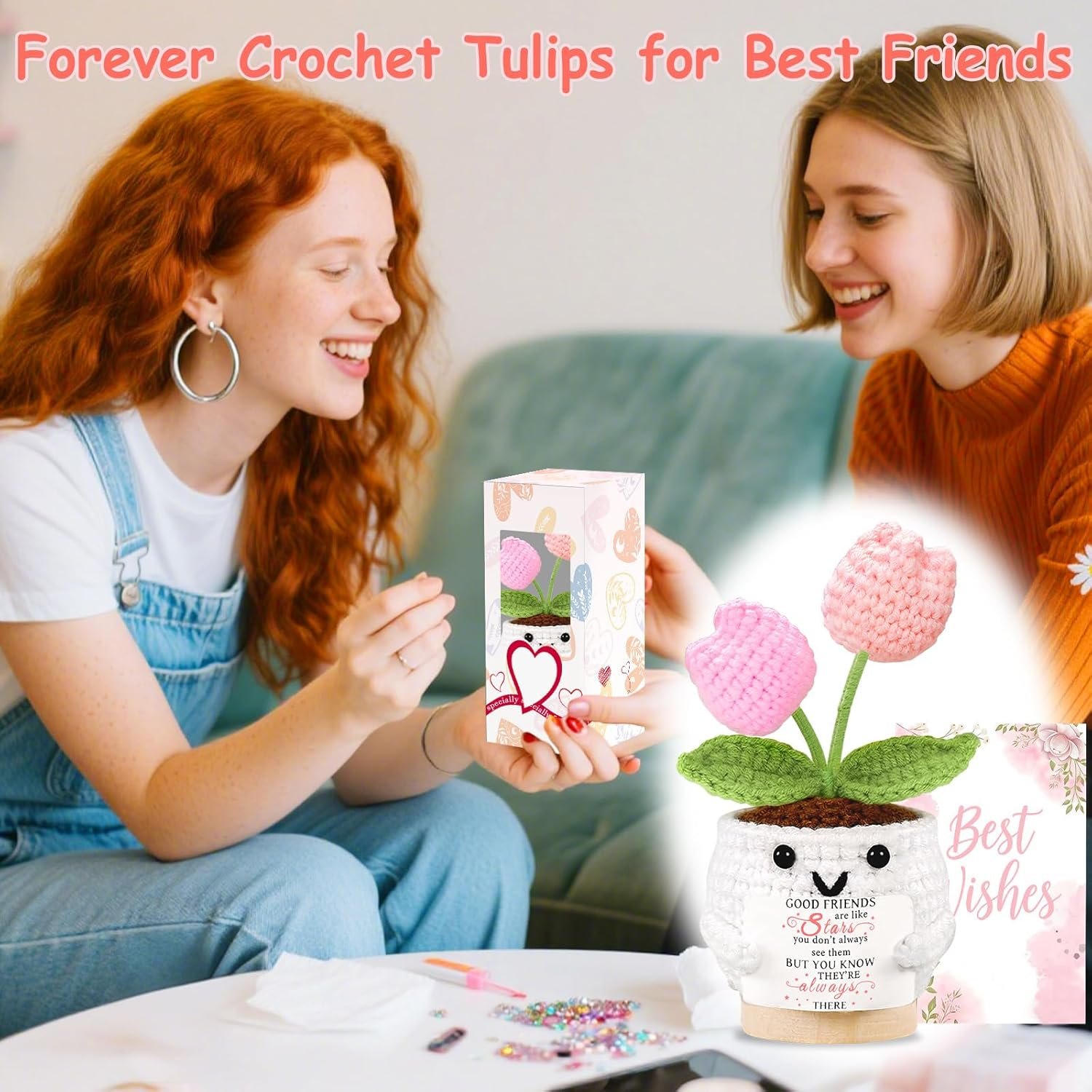 Friendship Gifts for Women Tulips Crochet Flowers Funny Small Christmas Birthday Gift for Women Personalized Friends,Colleague,Bestie Galentines Present Cute Stuff Desk Accessories - Image 5