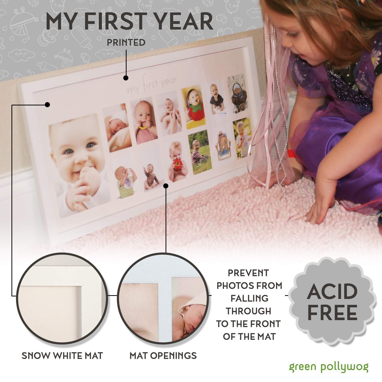 Green Pollywog | Baby's First Year Frame | Collage Frame For Baby In White | 12 Month Picture Frame | Milestone Photos | First Year Picture Mat | My First Year Photographs - Image 6