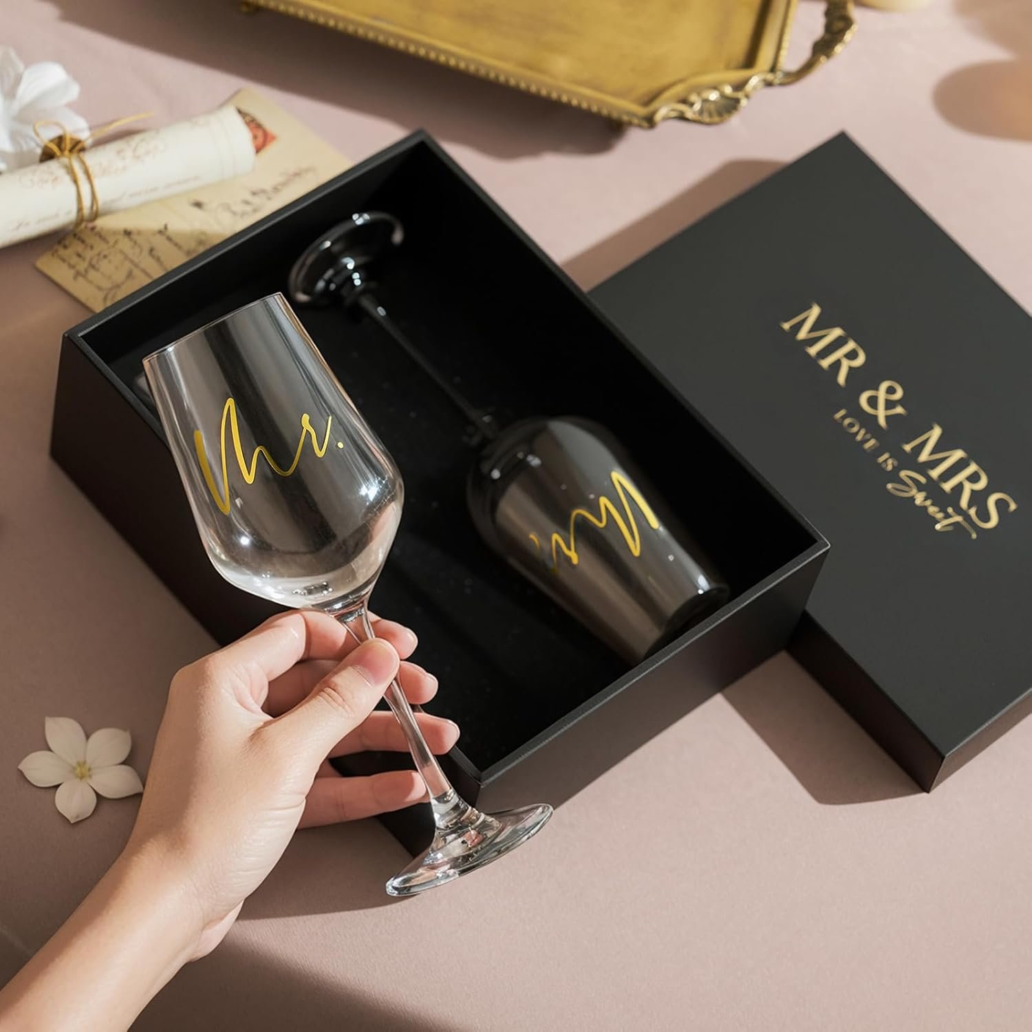AW BRIDAL Mr and Mrs Wine Glasses Set of 2 for Engagement Bridal Shower, Wedding Gifts for Newlywed Couples 2026, Personalized Anniversary Wine Glass Gift Basket for Bride Groom and Fiance Fiancee - Image 8