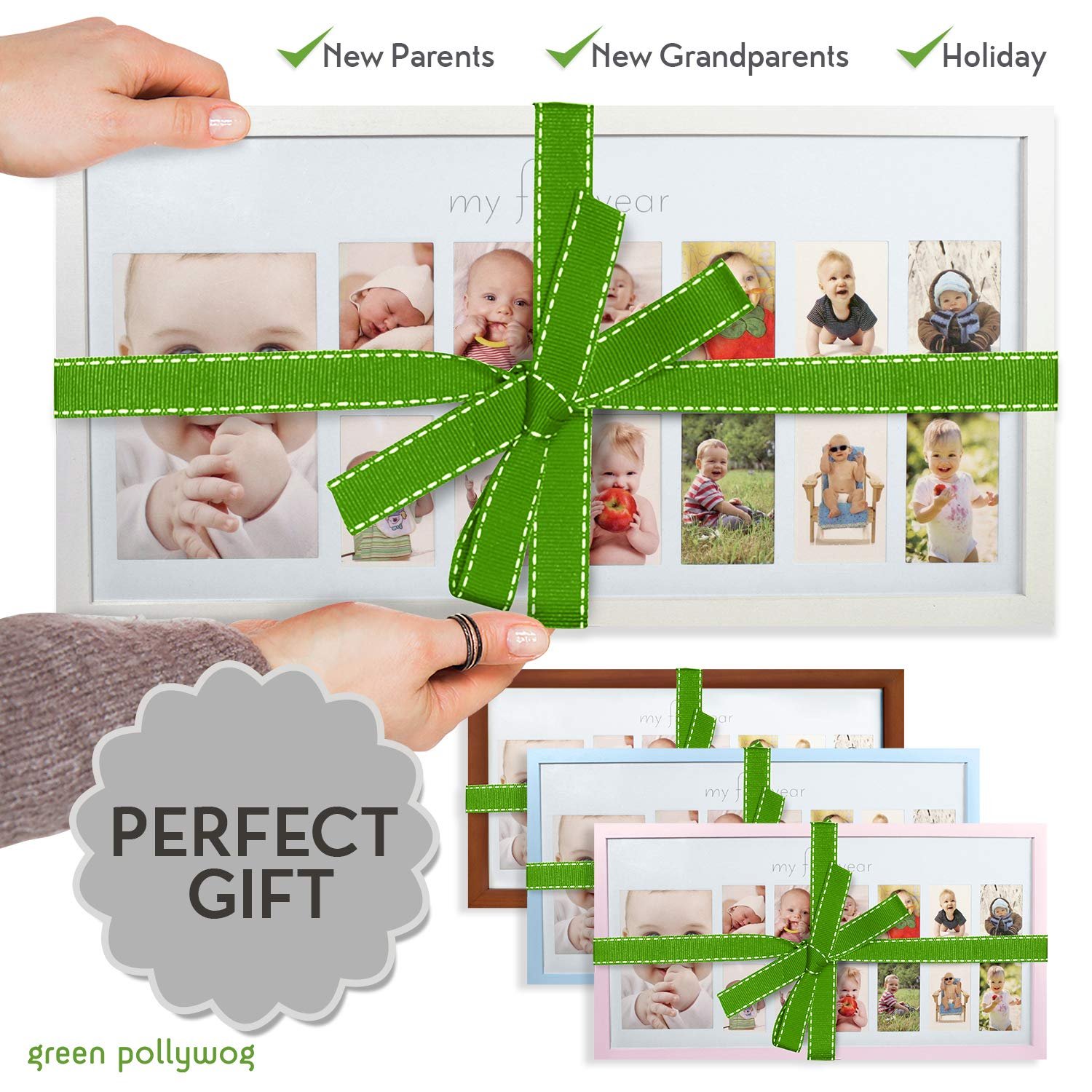 Green Pollywog | Baby's First Year Frame | Collage Frame For Baby In White | 12 Month Picture Frame | Milestone Photos | First Year Picture Mat | My First Year Photographs - Image 9