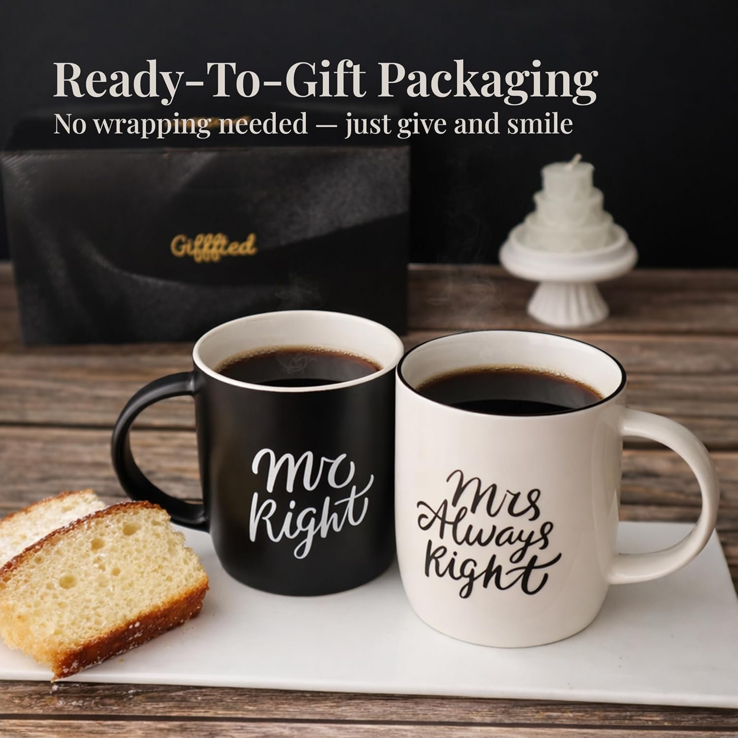 Triple Gifffted Mr Right Mrs Always Right Coffee Mugs Gifts Ideas for Couples, Wedding Anniversary, Engagement, Christmas, His & Hers, Bride and Groom, Parents, Newlyweds Bridal Shower, Ceramic 380ml - Image 4