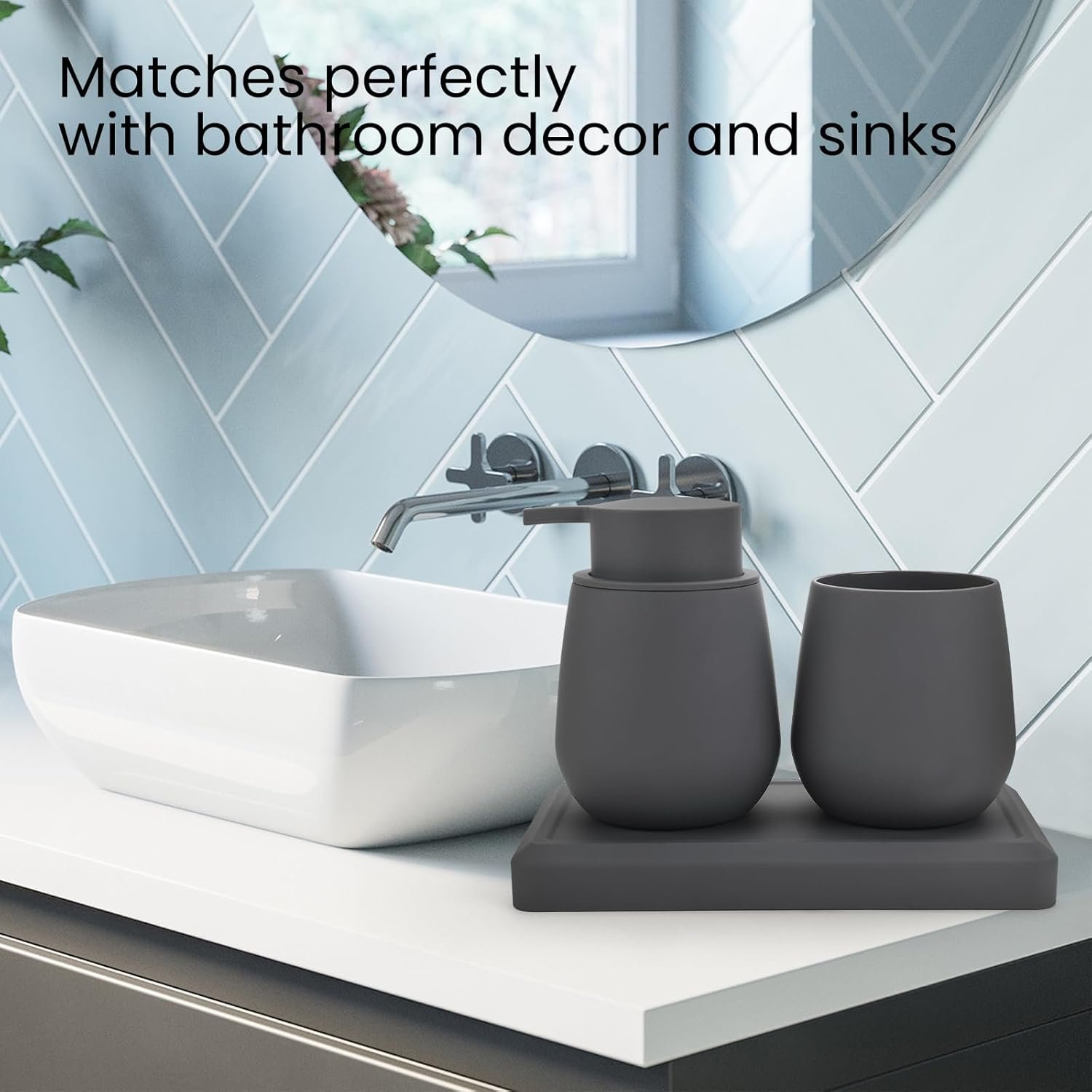 Gray Bathroom Accessories Set, Modern 3 Pcs Bathroom Essentials - Soap Dispenser, Toothbrush Holder & Tray, Countertop Vanity Organizer (Gray) - Image 3