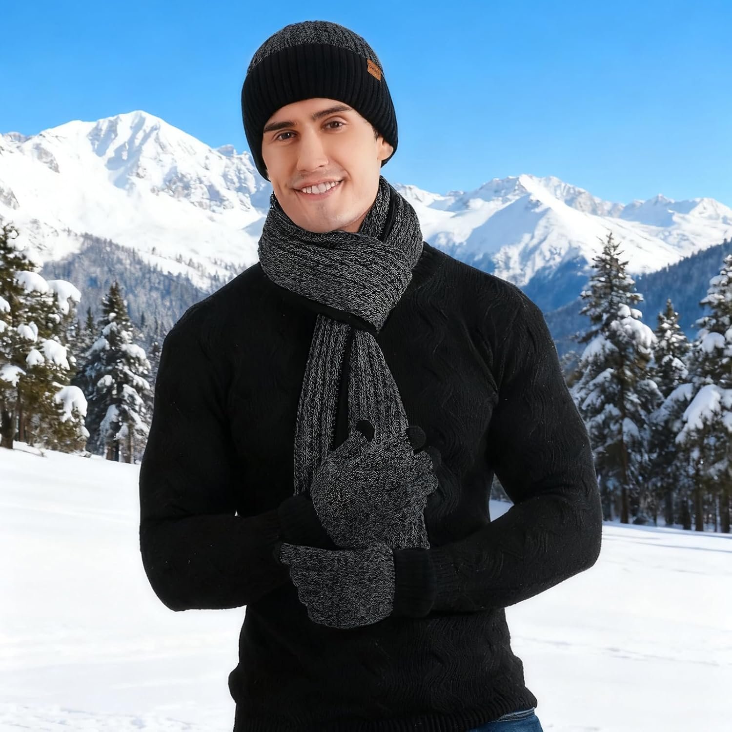 floconssy Men's Scarf Hats Gloves Sets Winter Gifts, 3 PCS Fleece Lined Beanie Warm Long Scarves for Cold Weather Christmas - Image 5