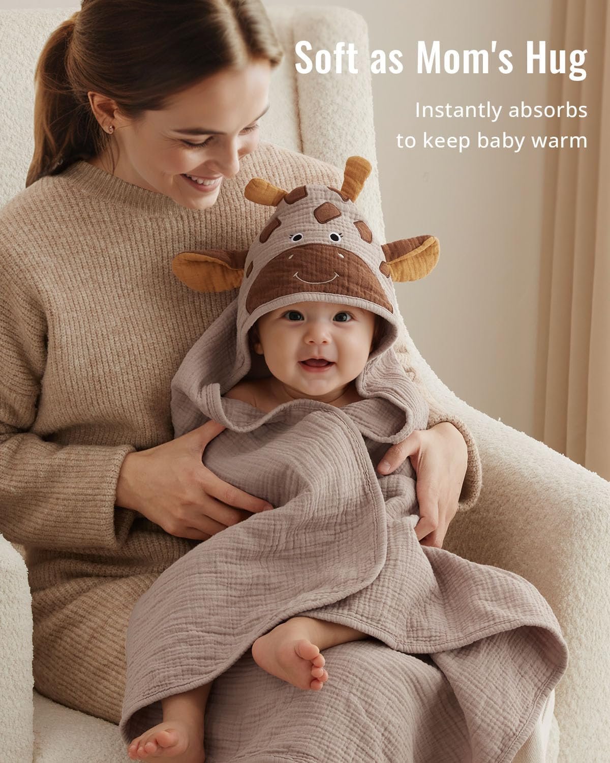 Blissful Diary Muslin Baby Hooded Towel 2 Pack, Soft & Absorbent Bath Towel for Infant, Toddler, Unisex, Baby Gift, Newborn Essentials, Bear & Giraffe - Image 4