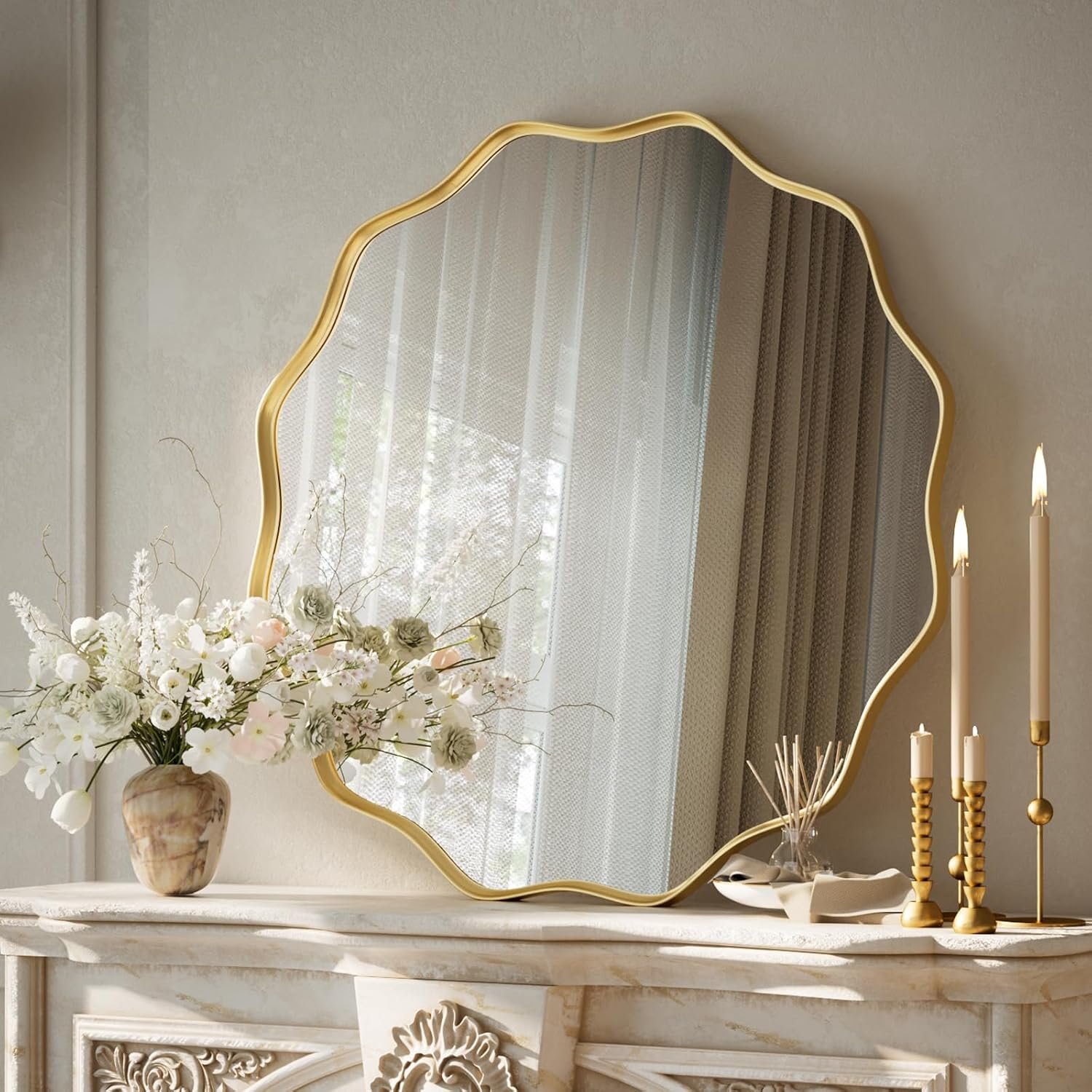 VooBang Gold Scalloped Circle Mirror, 24" Wavy Edge Round Wall Mirror with Tempered Glass Textured Circular Metal Deep Frame, Hanging Leaning for Bathroom, Hallway, Entryway, Livng Room - Image 5
