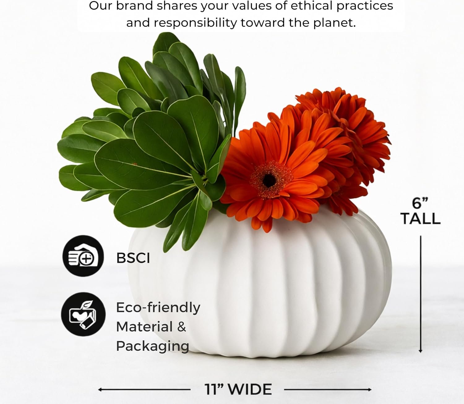 Pots & Patterns 11" Large White Ceramic Flower Vase - Modern Ribbed Low Profile Centerpiece for Dining Table & Home Decor - Image 7
