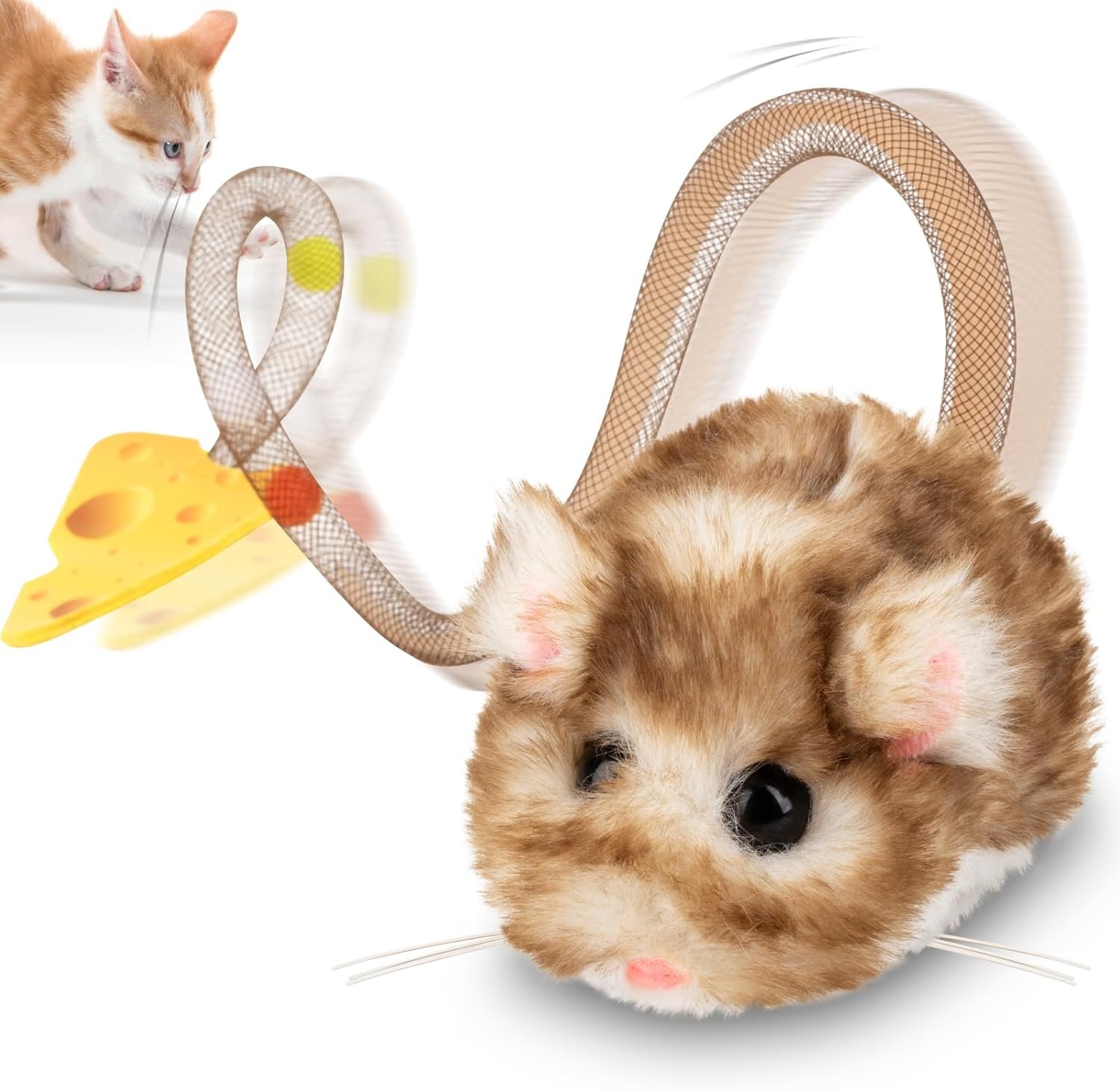 Migipaws Interactive MigiMouse Cat Toy 360° Rolling & Spin with Wiggling Tail for Indoor Cats Smart Motion Sensor, Realistic Squeak, Rechargeable Plush Kitten Toy (Brown Long Plush)