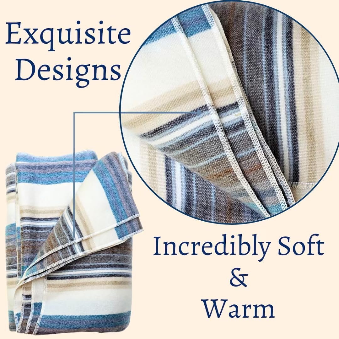 DAVLINA, Alpaca Wool Throw Blanket | Super Soft, Lightweight, Breathable and Hypoallergenic | Non-Itchy or Scratchy (Blue White Varicolored, Striped) - Image 5