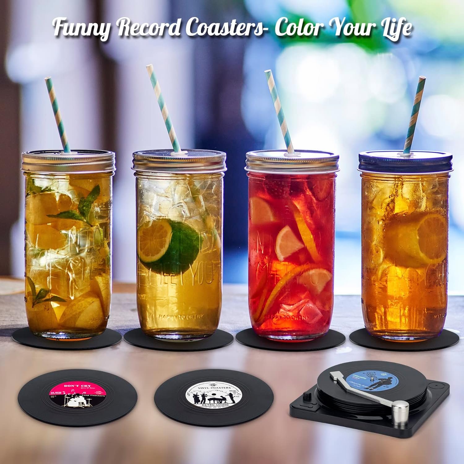 Valdivia Funny Retro Vinyl Record Coasters with Player, 6 Pcs Music Coasters for Drinks, Bars, Cafes, Office, Birthday Gifts for Music Lovers, Home Decor Housewarming and White Elephant Gifts Ideas - Image 6