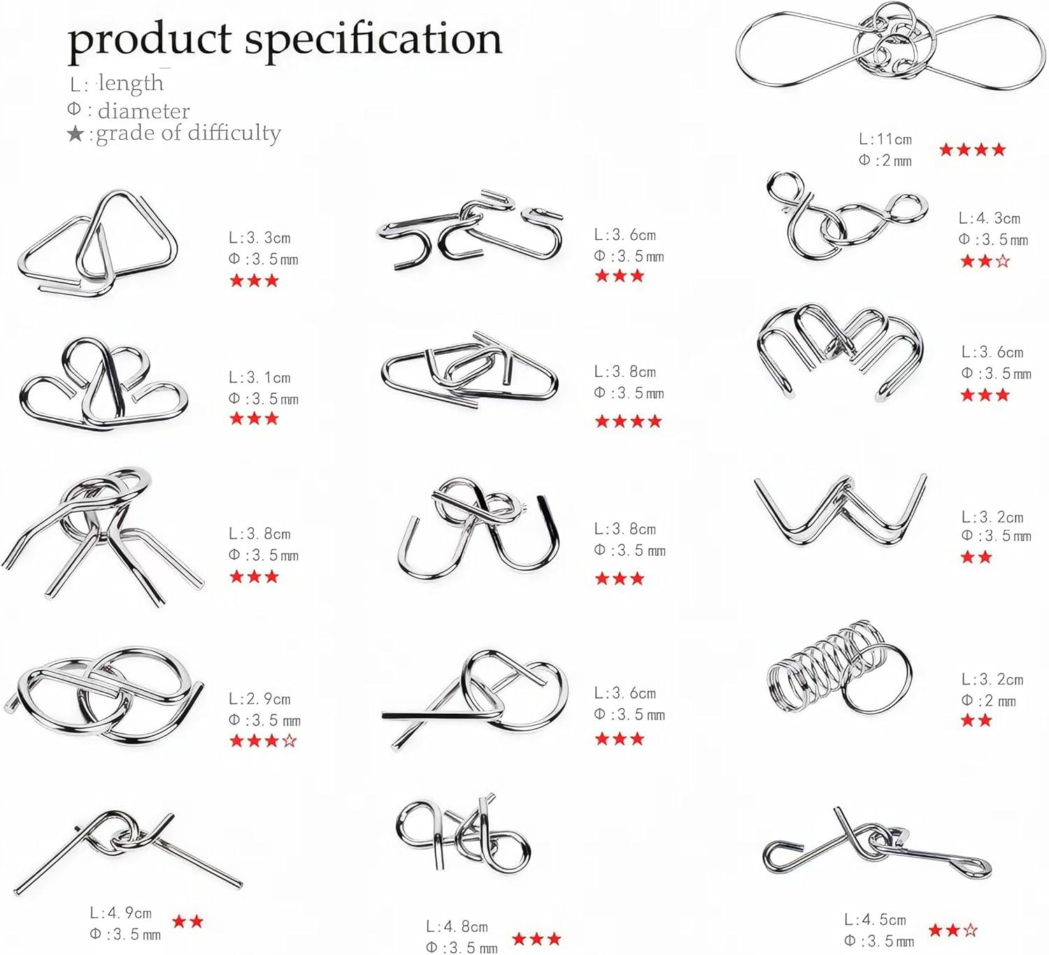 Metal Wire Puzzle Set of 24 with Pouch,Brain Teaser IQ Test Disentanglemen Iron Link Unlock Interlock Game Chinese Ring Magic Trick Toy for Party Favor Kids Adults Challenge - Image 2
