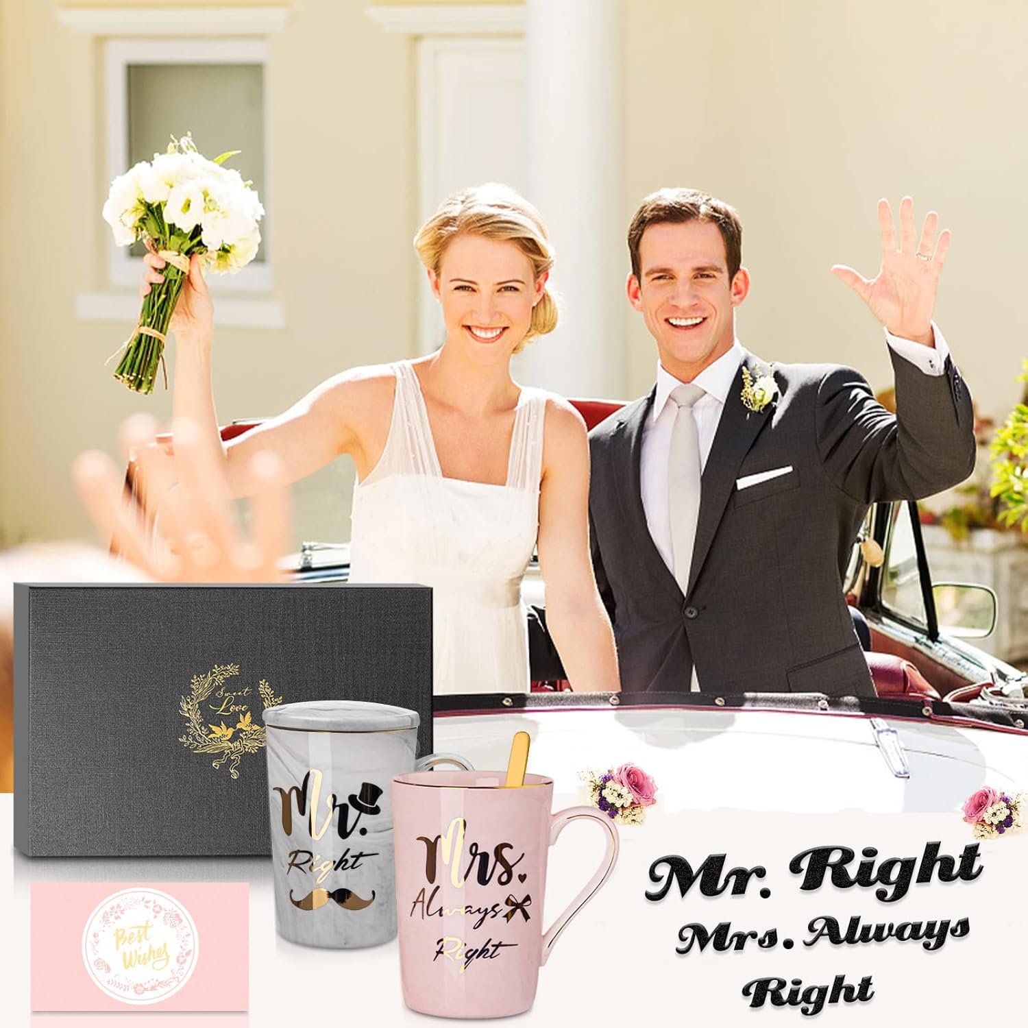 Mr Right and Mrs Always Right Couples Mugs Gifts Set for Wedding, Engagement, Newlyweds Anniversary, Bridal Shower, 14oz Ceramic Marble Mugs with Golden Pattern, Microwave, Dishwasher Safe - Image 6