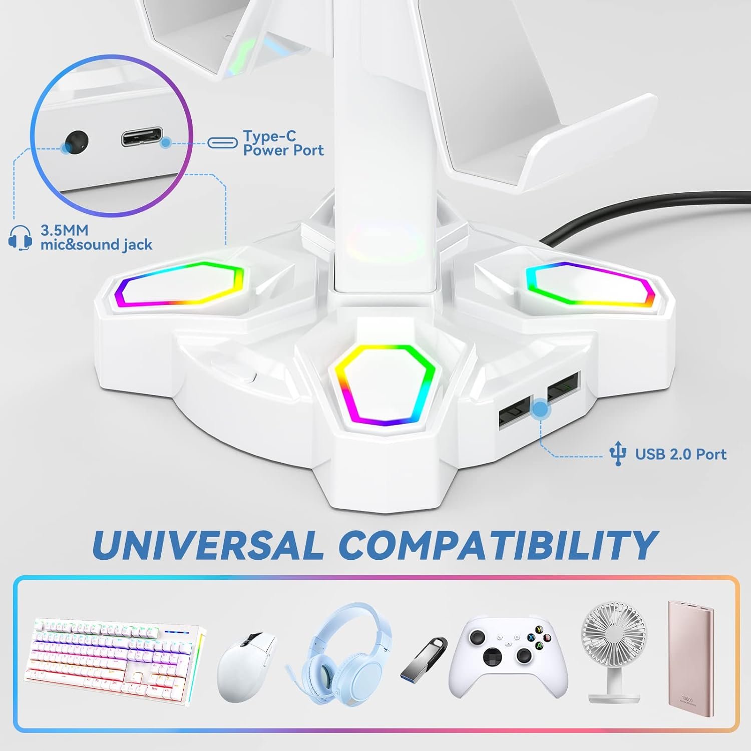 KDD Gaming Headphones Stand, Rotatable Headset Stand with Light Modes - Controller Holder with 2 USB Charging Ports and 3.5mm - Earphone Hanger Accessories for Desktop Gamer(White) - Image 4