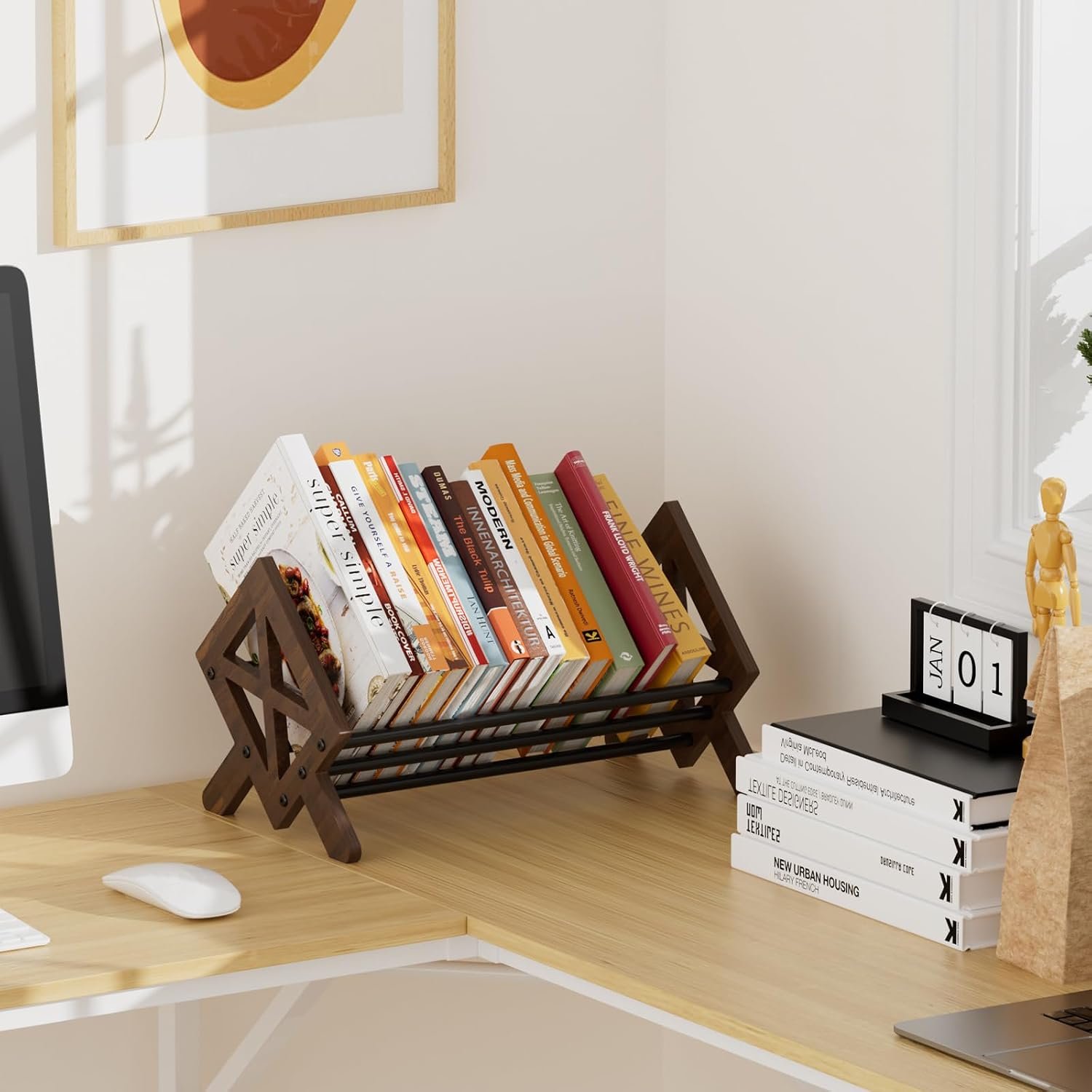 Desktop Bookshelf Organizer, Wood Office Tabletop Book Storage Rack, Tilting Bookcase for Books/CDs/Magazine Display (Black) - Image 6