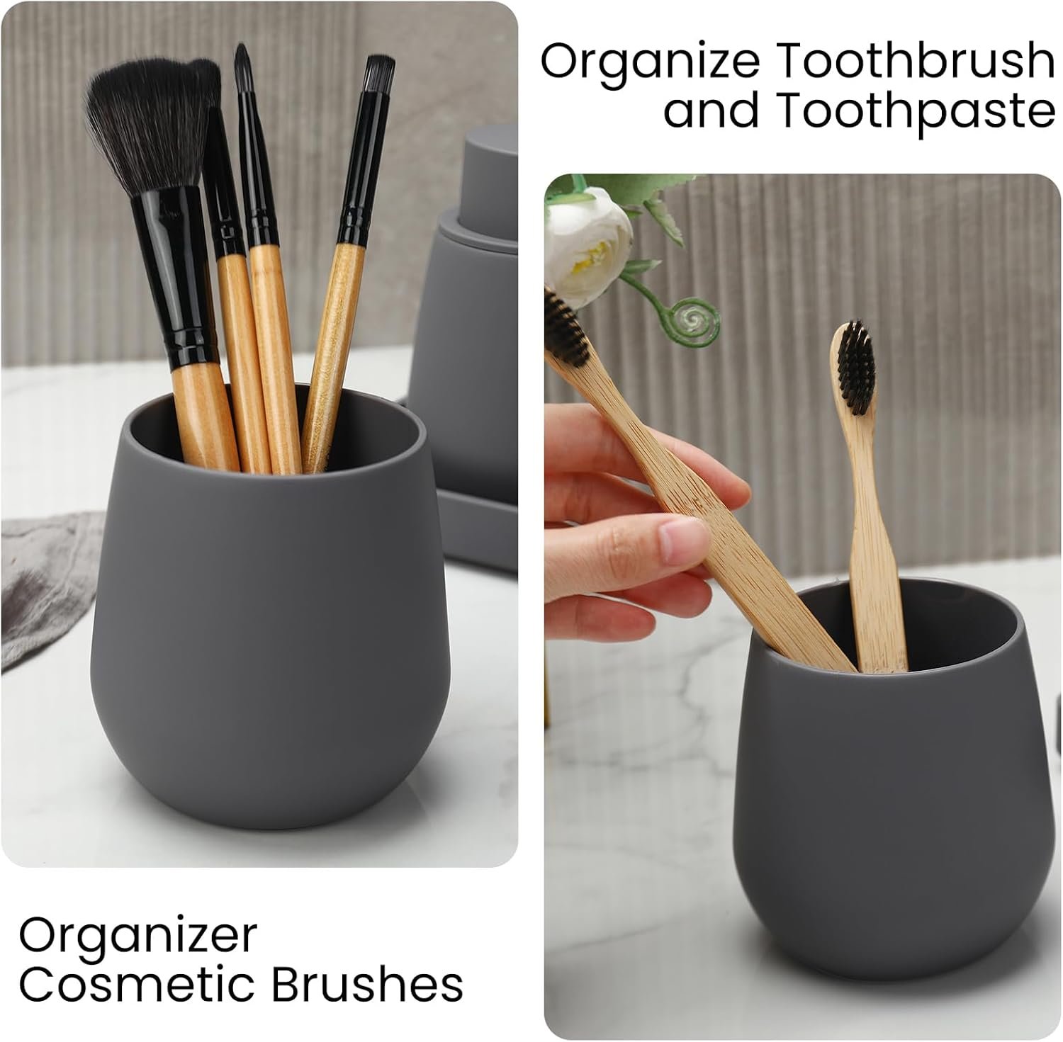 Gray Bathroom Accessories Set, Modern 3 Pcs Bathroom Essentials - Soap Dispenser, Toothbrush Holder & Tray, Countertop Vanity Organizer (Gray) - Image 5