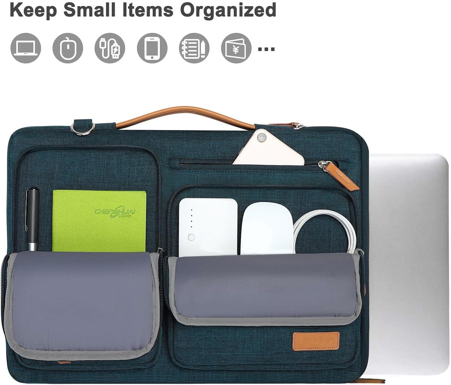 MOSISO 360 Protective Laptop Shoulder Bag,13-13.3 inch Computer Bag Compatible with MacBook Pro 14, HP, Dell, Lenovo, Asus Notebook,Side Open Messenger Bag with 4 Zipper Pockets&Handle, Teal Green - Image 4