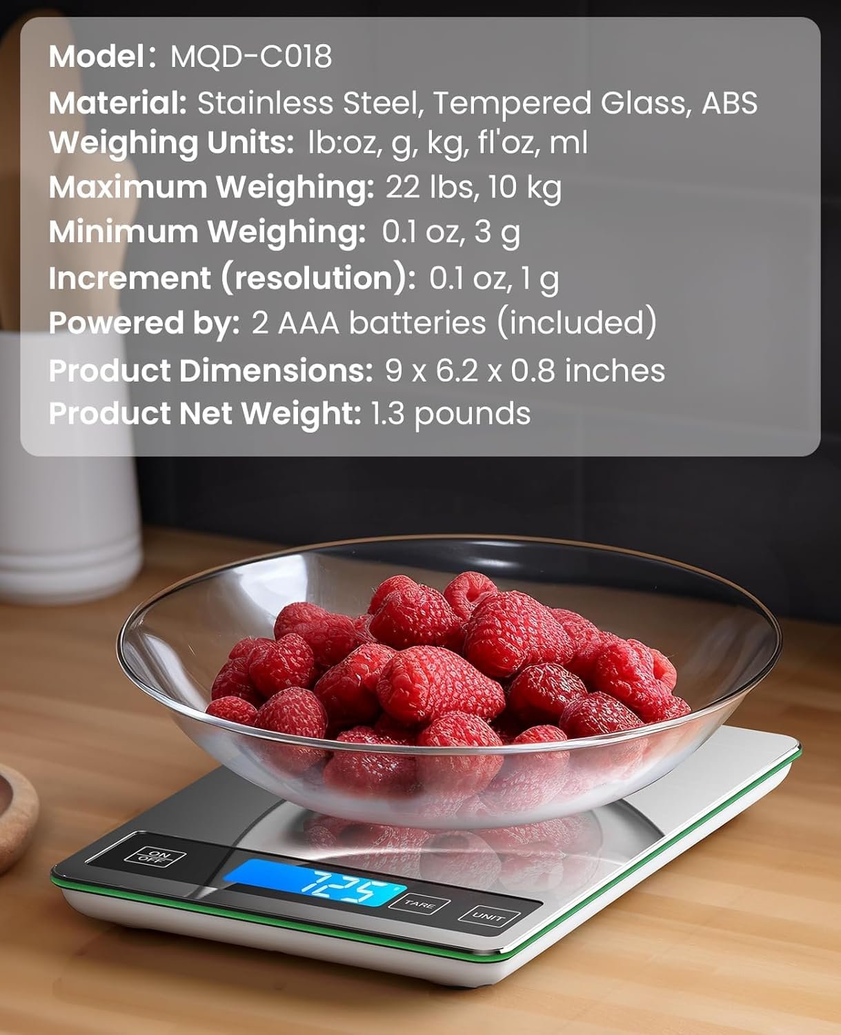 Nicewell Food Scale, 22lb Digital Kitchen Scale Weight Grams and oz for Cooking Baking, 1g/0.1oz Precise Graduation, Stainless Steel and Tempered Glass - Image 7