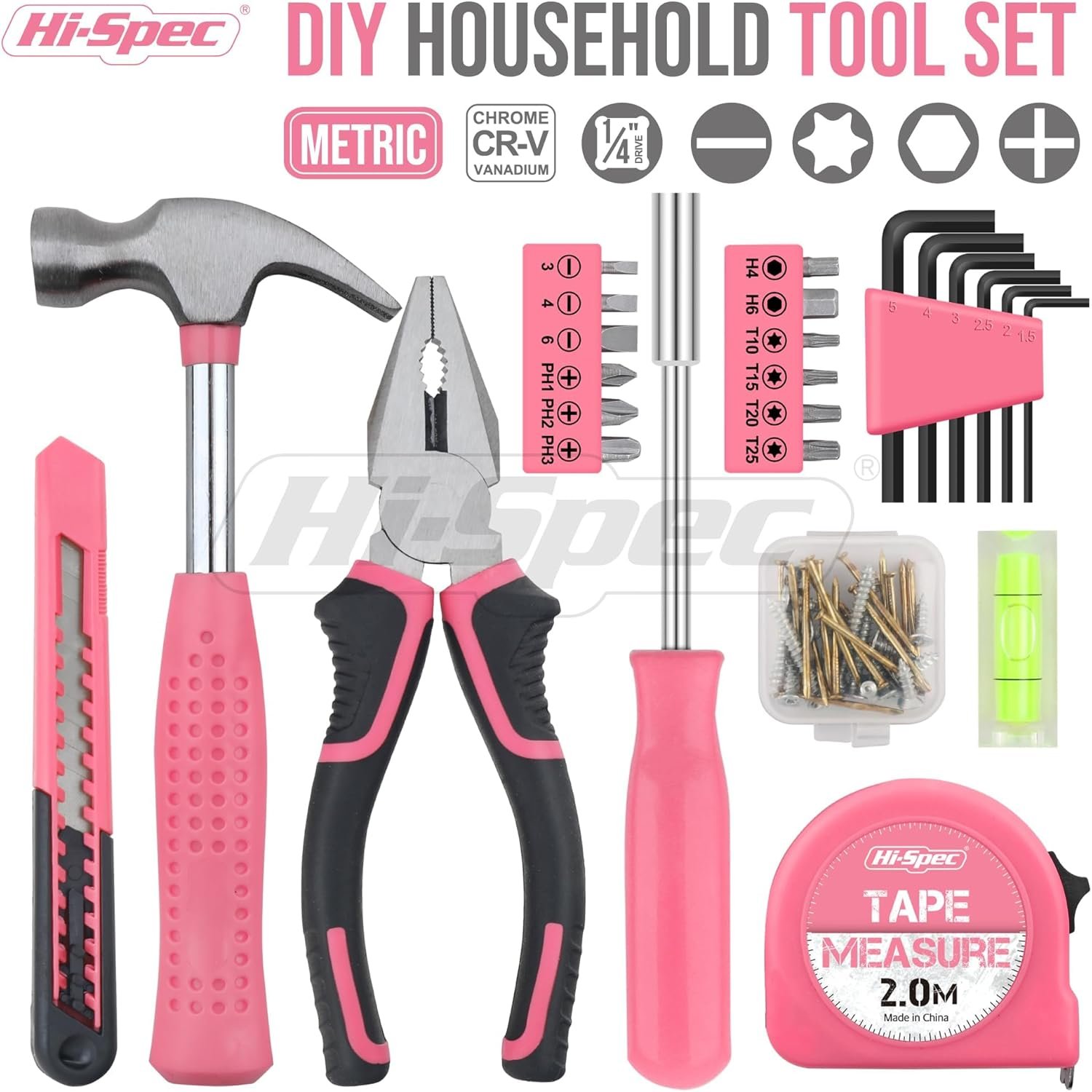 Hi-Spec Tool Set 25pc Pink Household DIY Tool Kit for Women. Small Mini Tool Box Set of Starter Basic Ladies Tools - Image 2