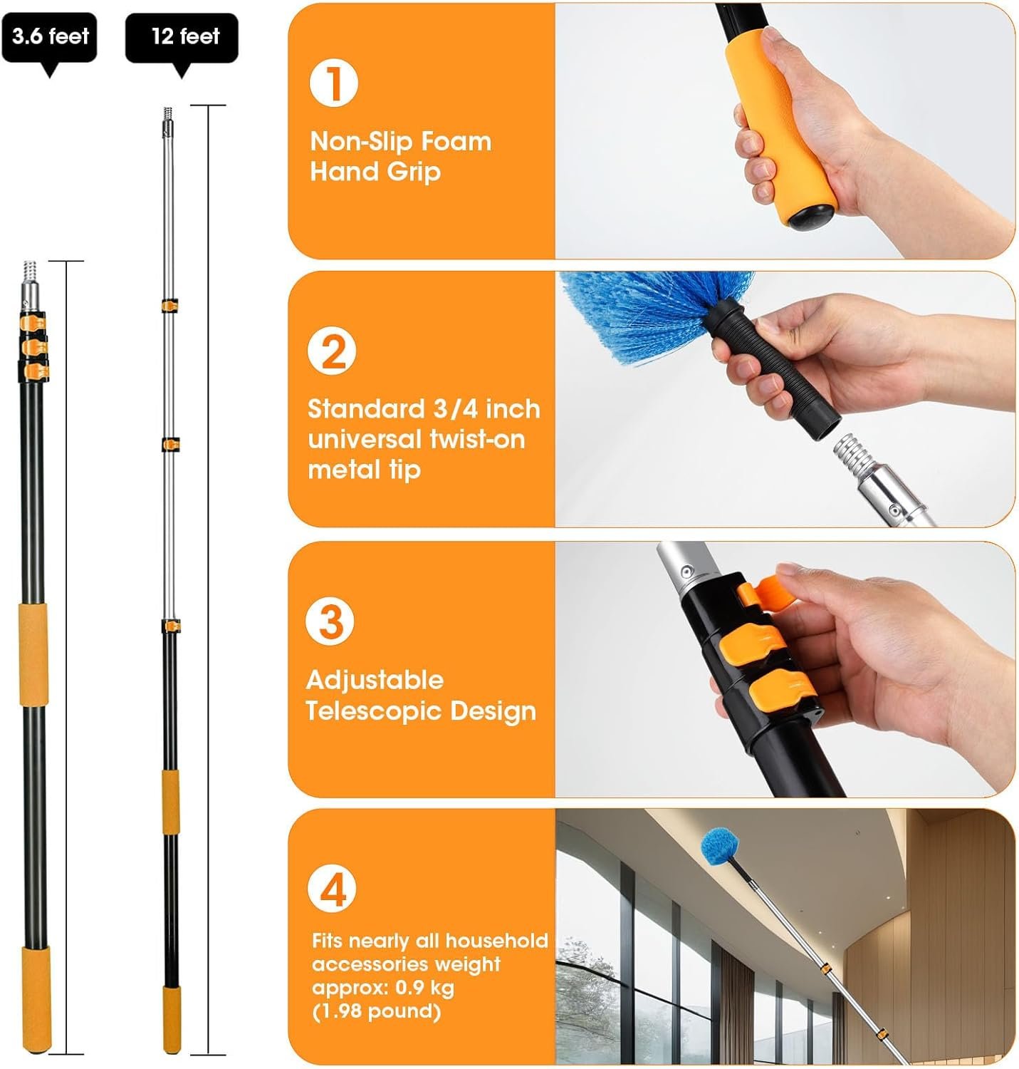 Telescopic Pole, 12FT Telescopic Extension Pole, 3-12FT Multi-Purpose Extension Pole with Universal Metal Tip, Sturdy Extendable Pole, Best Aluminum Paint Roller Extension Pole for Cleaning, Painting - Image 3