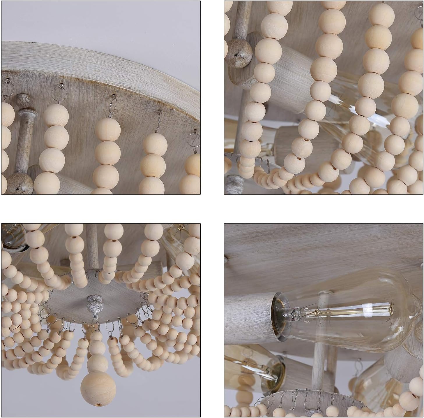 Q&S Wood Beaded Chandelier,Boho Farmhouse Light Fixture,Oak White,3 Lights,Semi Flush Mount Ceiling Light Fixtures for Hallway Baby's Nursery Bedroom Kitchen Living Room - Image 6