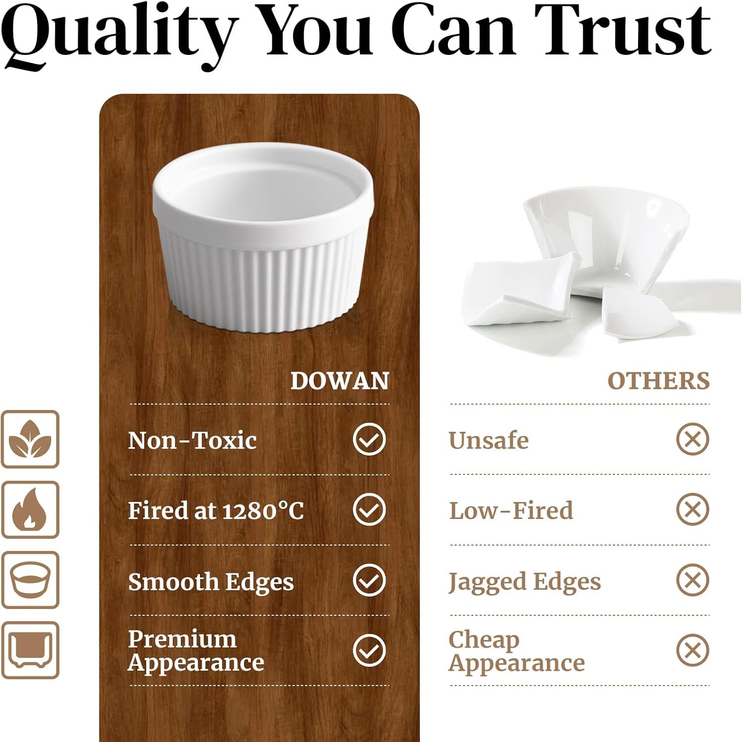 DOWAN Ramekins 6 oz Ceramic Ramekins Set of 6, Oven Safe Souffle Dishes for Air Fryer Baking, Mini Round Baking Cups for Creme Brulee, Dipping Sauces, Desserts and Prep Bowls, White - Image 3