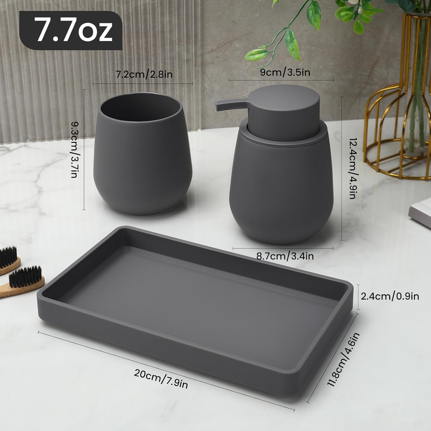 Gray Bathroom Accessories Set, Modern 3 Pcs Bathroom Essentials - Soap Dispenser, Toothbrush Holder & Tray, Countertop Vanity Organizer (Gray) - Image 2