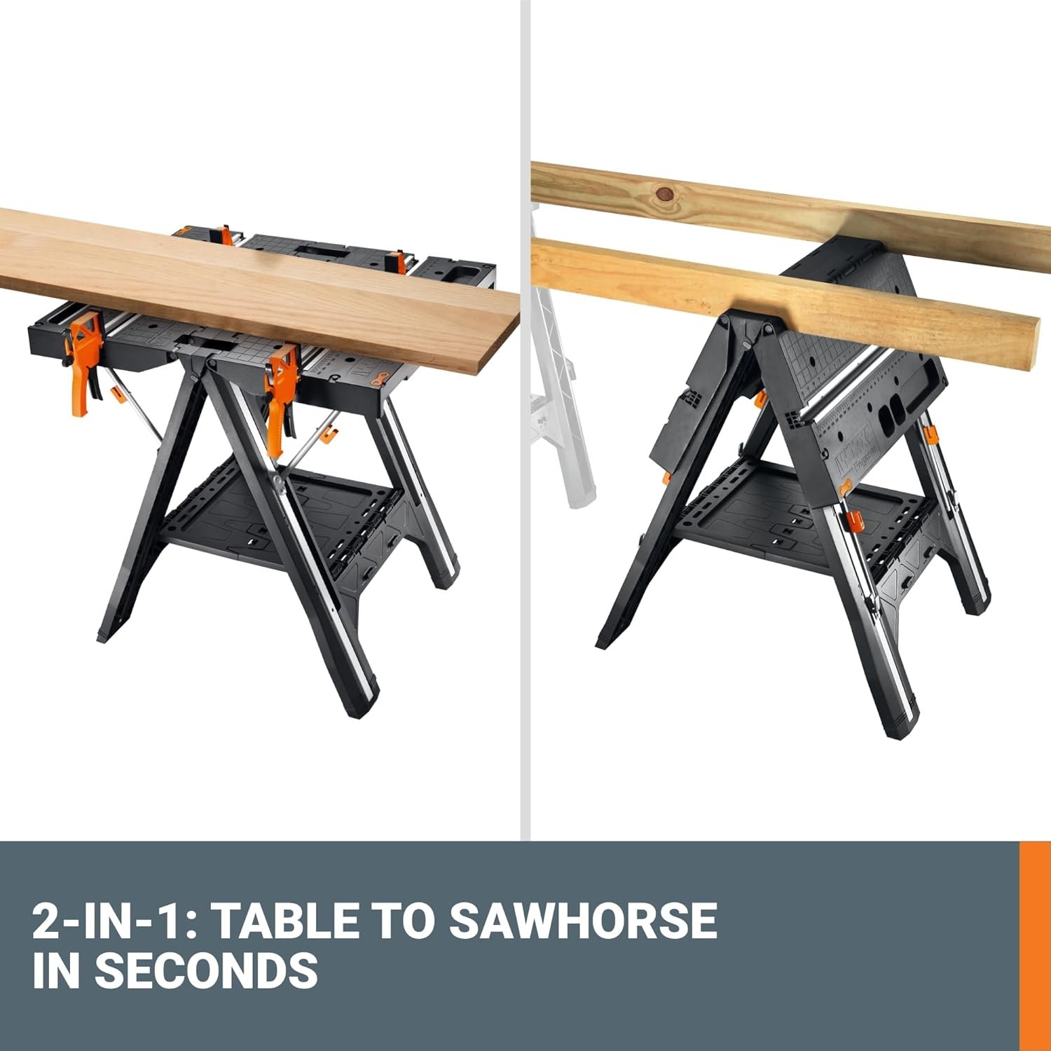 Worx Pegasus 2-in-1 Folding Work Table & Sawhorse, Easy Setup Portable Workbench, 31" W x 25" D x 32" H Lightweight Worktable with Heavy-Duty Load Capacity, WX051 - Includes 2 Clamps & 4 Clamp Dogs - Image 3