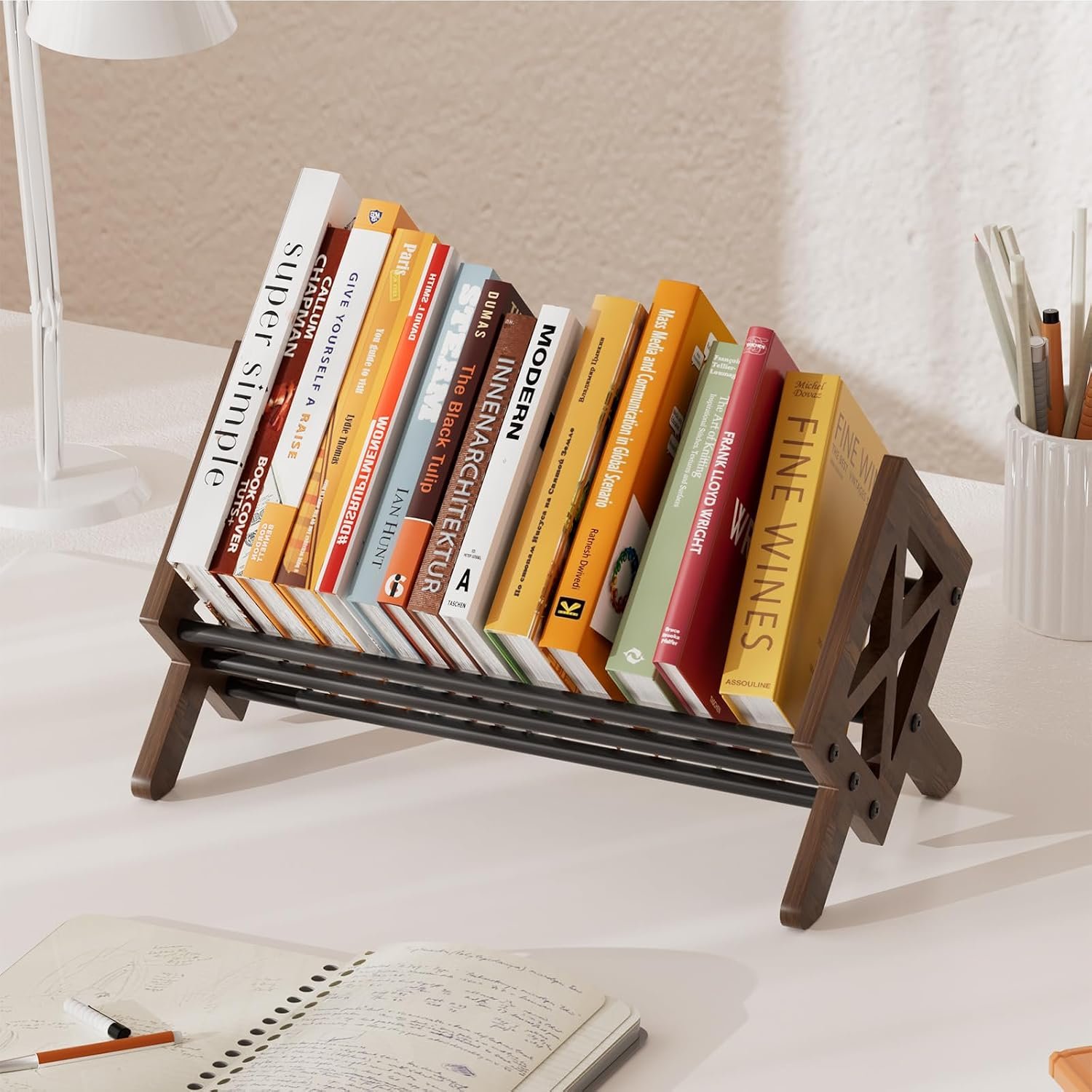 Desktop Bookshelf Organizer, Wood Office Tabletop Book Storage Rack, Tilting Bookcase for Books/CDs/Magazine Display (Black) - Image 7