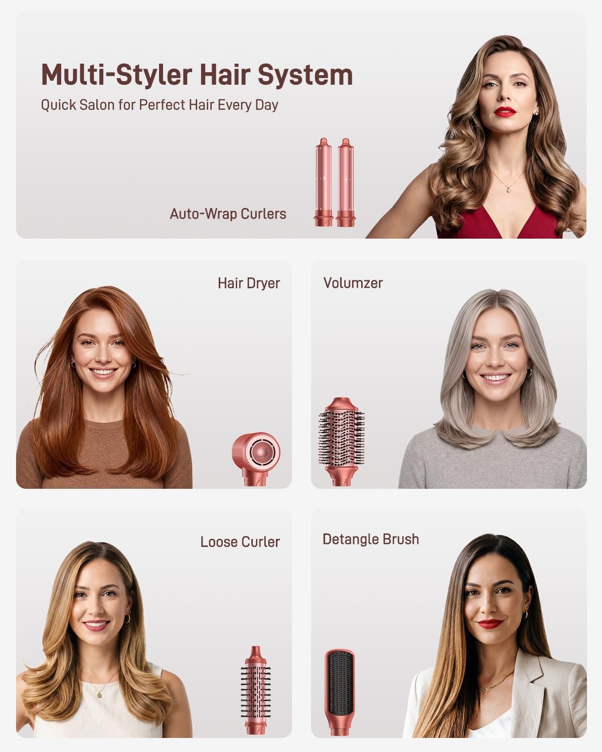HITTIONA Hot Air Styler & Hair Dryer Brush Kit, 1500W No Heat Damage Frizz-Free Hair Styler for Curl, Wavy, Volumizer, Straighten, Fast Drying, Vermilion - Image 2