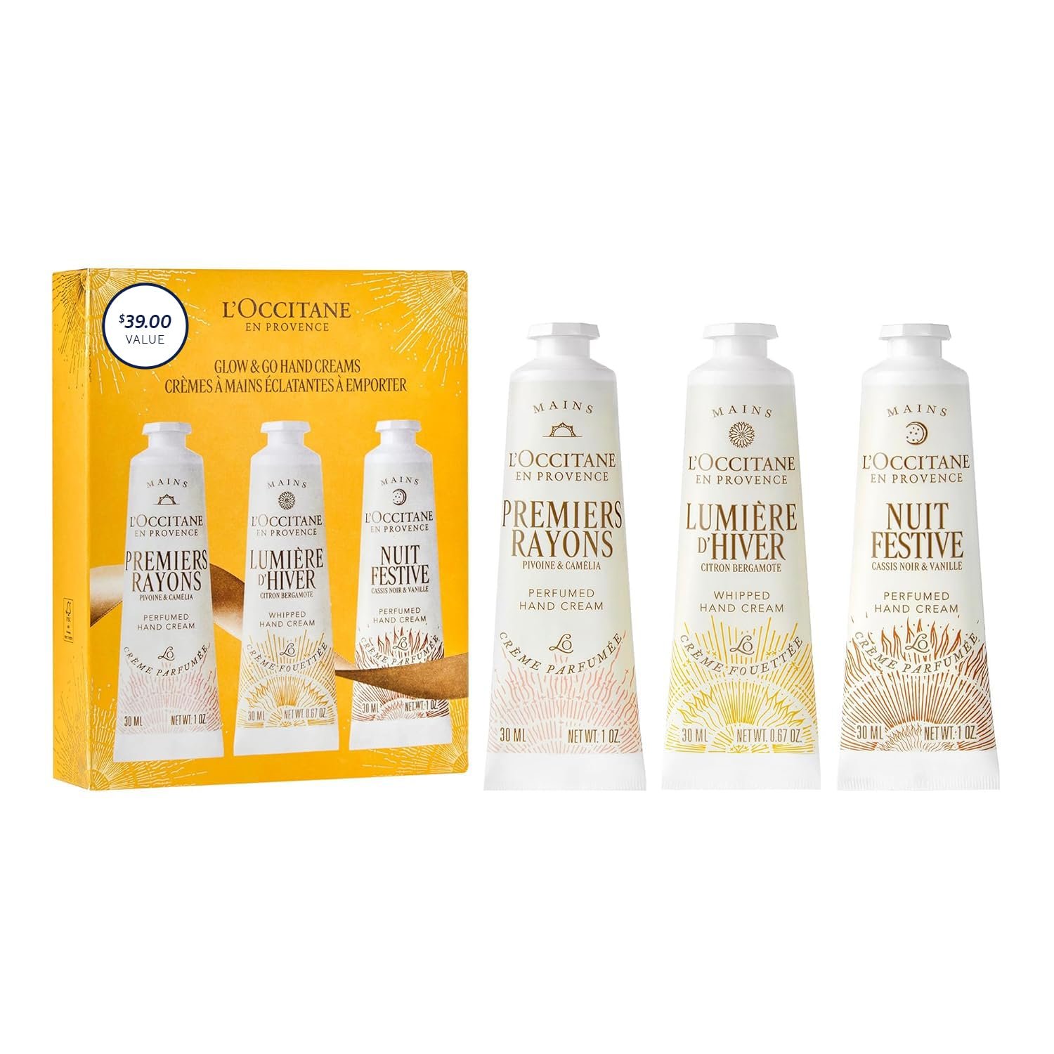 L’Occitane Glow & Go Hand Cream Trio, Holiday Beauty Gift Set, Peony, Lemon & Vanilla, Hydrates & Softens Dry Skin, Travel-Sized Moisturizing Minis