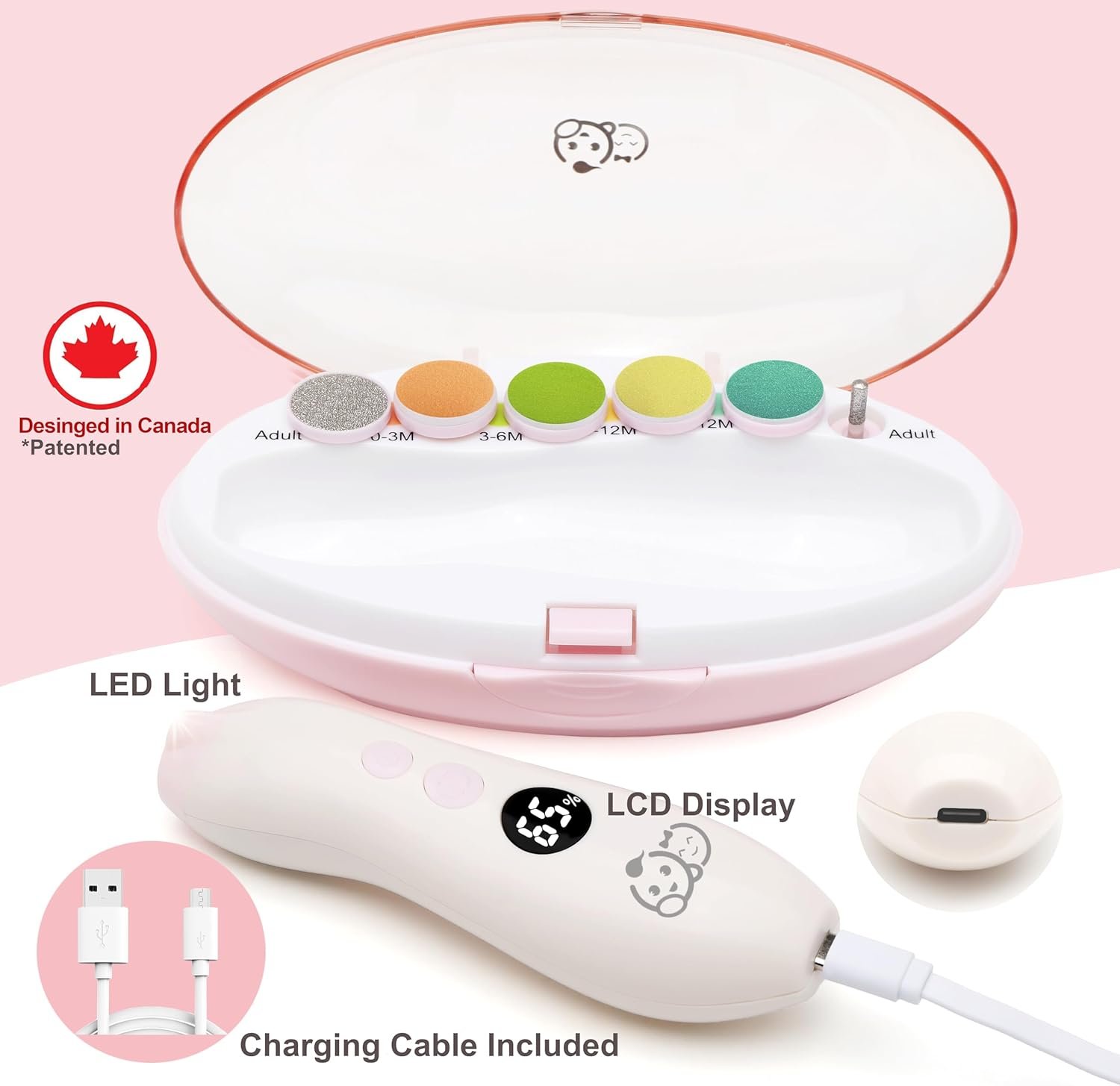Royal Angels Rechargeable 22 in 1 Baby Nail Trimmer with LCD Display, Labeled Case, 13 Extra Pads, Safe Quiet LED Light Electric Baby Nail File Kit for Newborns Toddlers (WhitePink) - Image 2