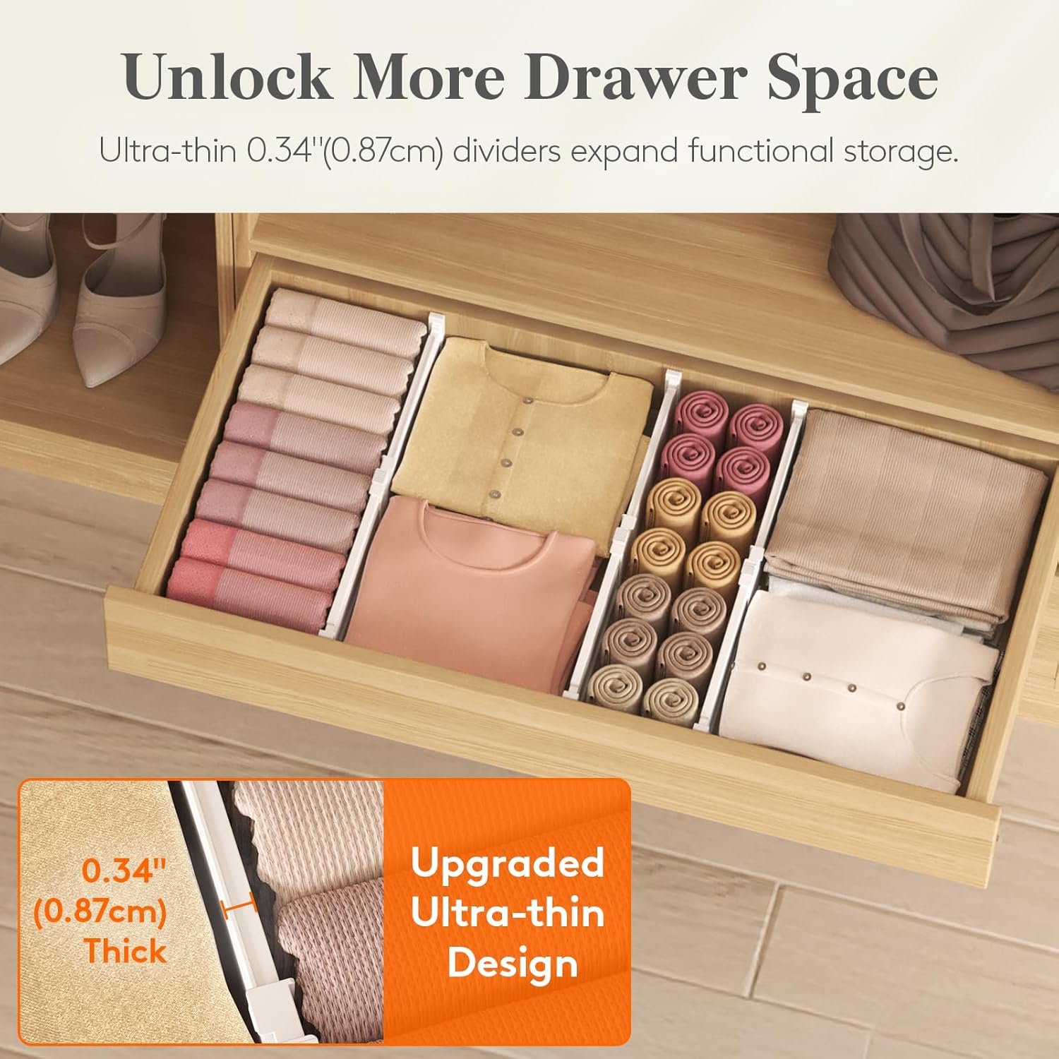 Lifewit 3.2" Tall 4 Pack Drawer Dividers, 10.5-16.5" Adjustable Drawer Organizers for Clothes, Expandable Dresser Drawer Organizers, Drawers Separators for Dresser, Bedroom, Kitchen, Vanity, White - Image 6