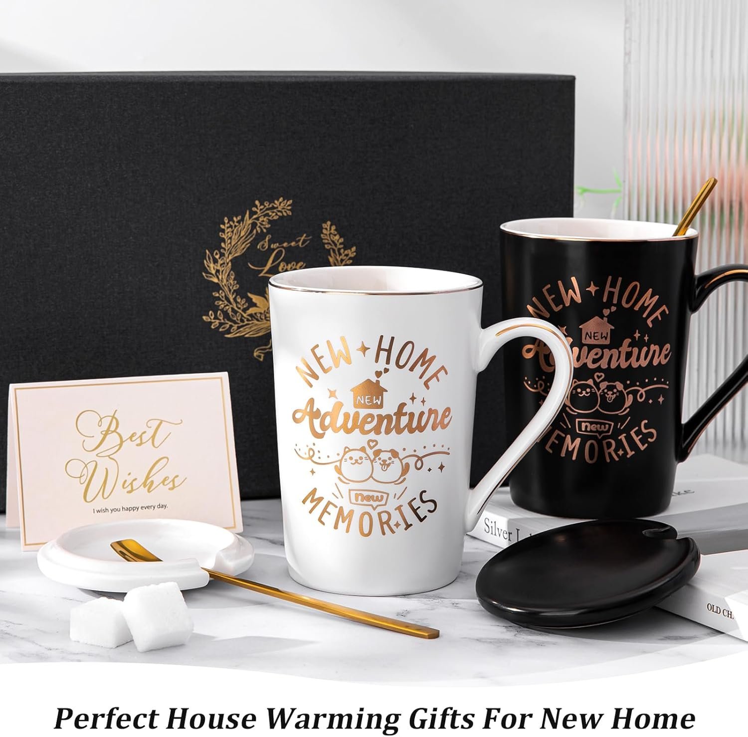 House Warming Gifts for New Home, New Home Gift Ideas for Couples, 14OZ Ceramic Couple Mug Set with Gold Spoon Greeting Card Luxury Box for Neighbor Friend - Image 5