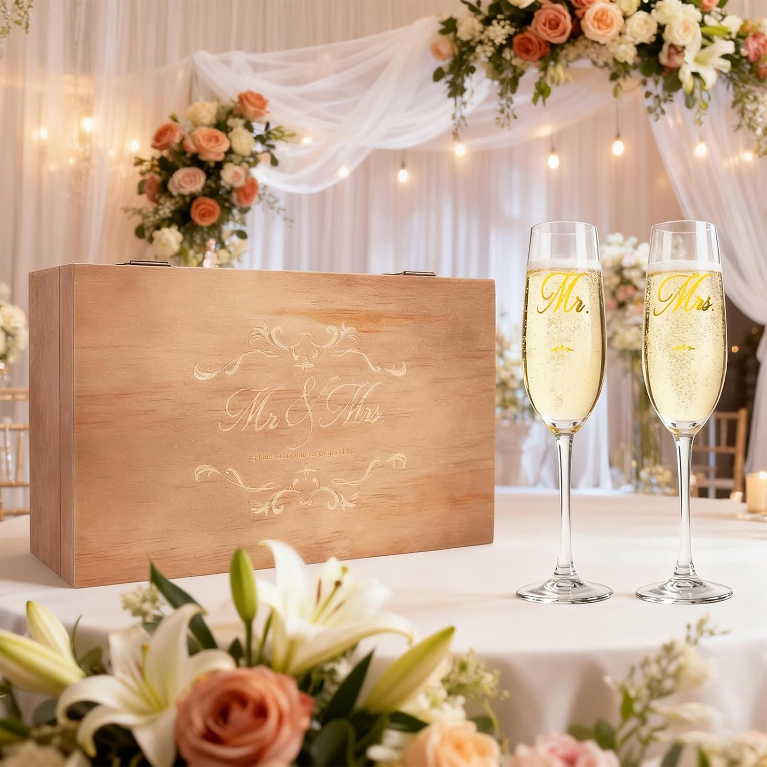 Mr and Mrs Champagne Flutes Set, Bride and Groom Glasses for Bridal Shower,Engagement and Wedding Gifts,Wedding Anniversary Toasting Glasses with Wed Memory Box for Couples - Image 8
