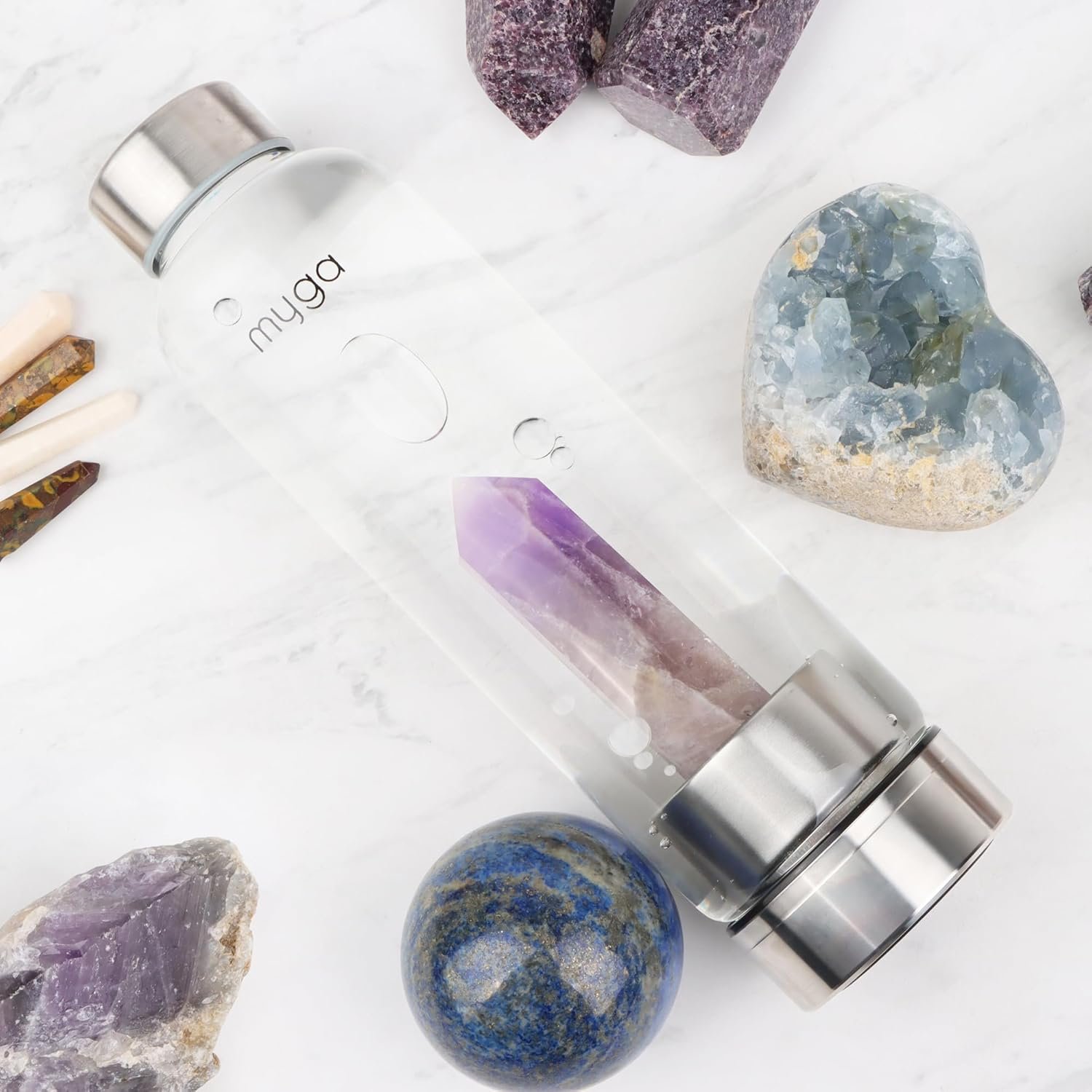 Myga Amethyst Crystal Water Bottle,16.9OZ 500ml Glass Drinks Bottle with Natural Healing Crystal and Neoprene Sleeve for Wellness and Self-Care for Gemstone - Image 3