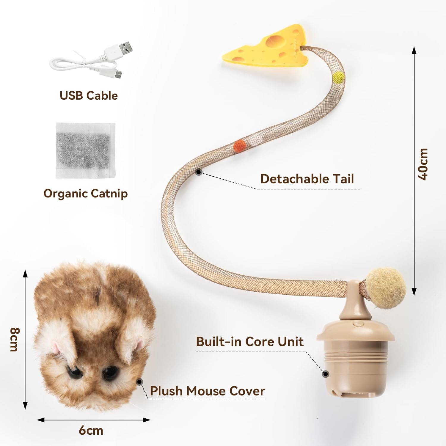 Migipaws Interactive MigiMouse Cat Toy 360° Rolling & Spin with Wiggling Tail for Indoor Cats Smart Motion Sensor, Realistic Squeak, Rechargeable Plush Kitten Toy (Brown Long Plush) - Image 8
