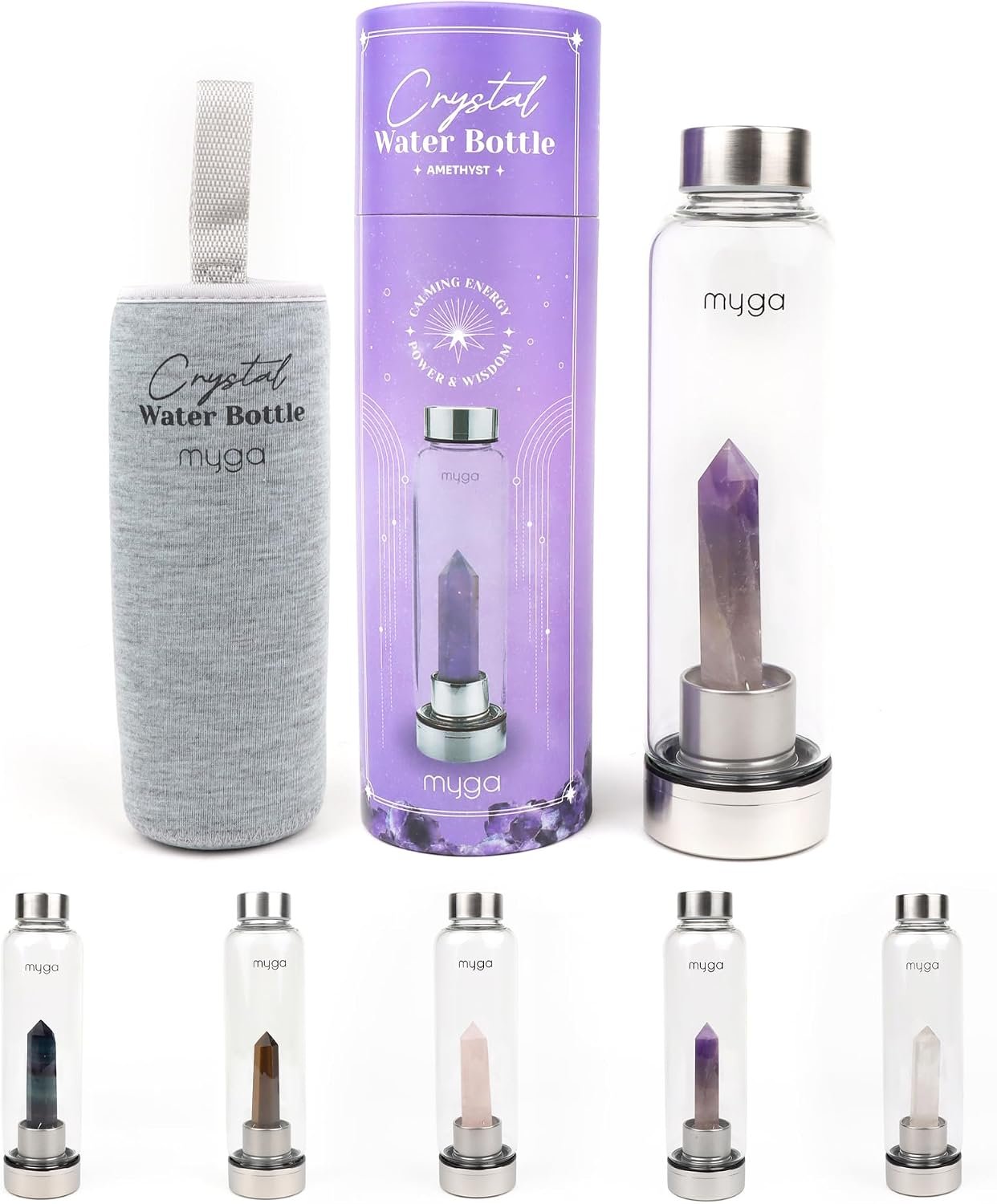 Myga Amethyst Crystal Water Bottle,16.9OZ 500ml Glass Drinks Bottle with Natural Healing Crystal and Neoprene Sleeve for Wellness and Self-Care for Gemstone