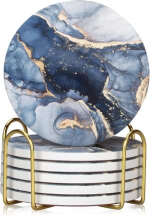 Coasters Set of 6, Navy Blue Marble...