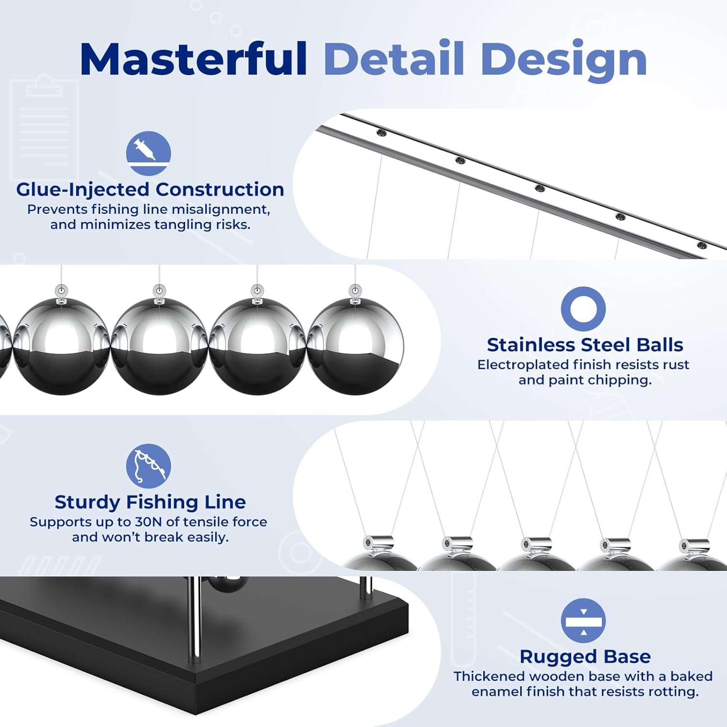 Theefun Newtons Cradle Pendulum Large 7 Beads, 30+ Sec Swing Balance Balls Desk Toys Office Decorations with Wood Base, Physics Gadget for Kids - Image 6
