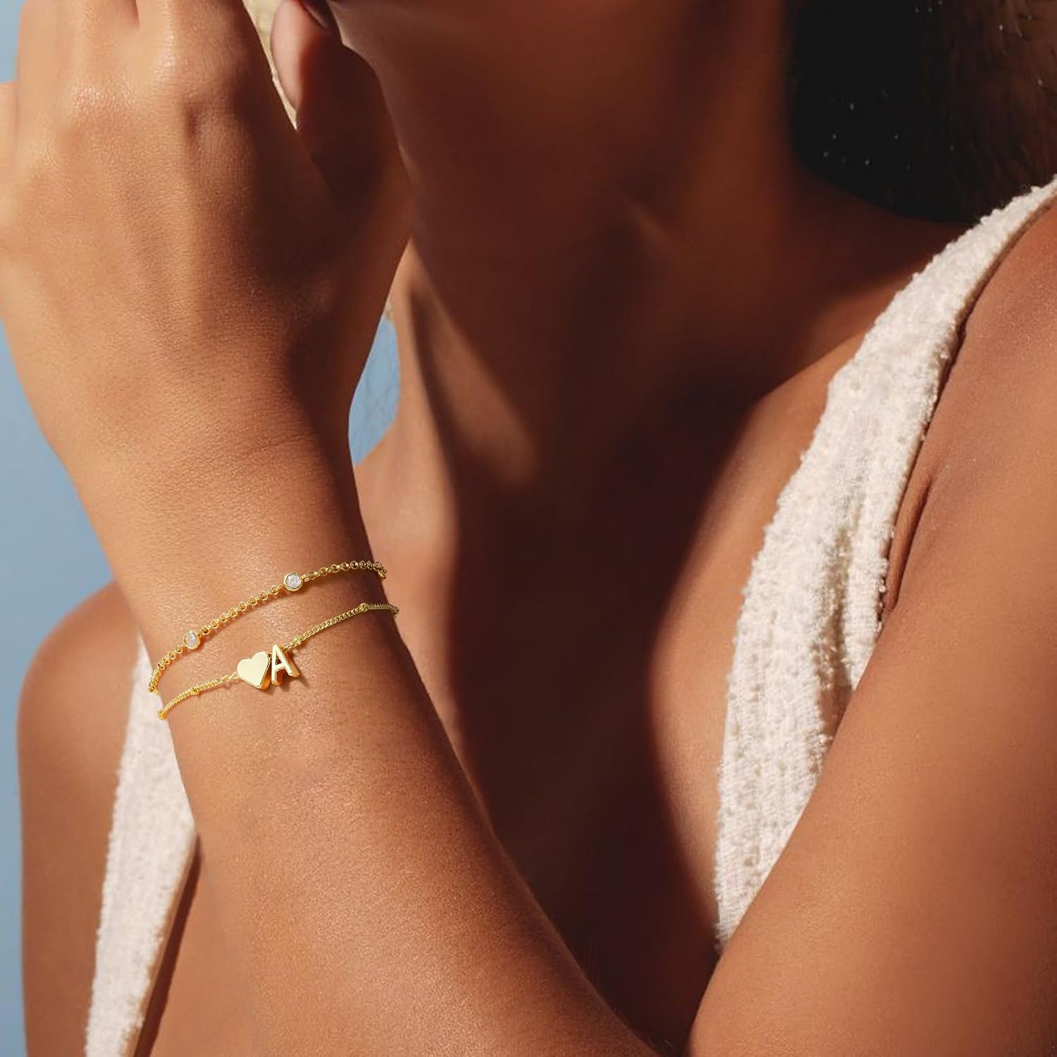 Turandoss Heart Initial Bracelets for Teen Girls - 14K Gold Plated Layered Initial Bracelets Heart Letter A-Z Charm Bracelet Stack Mom Daughter Jewelry Birthday Gifts for Women Teen Girls - Image 4