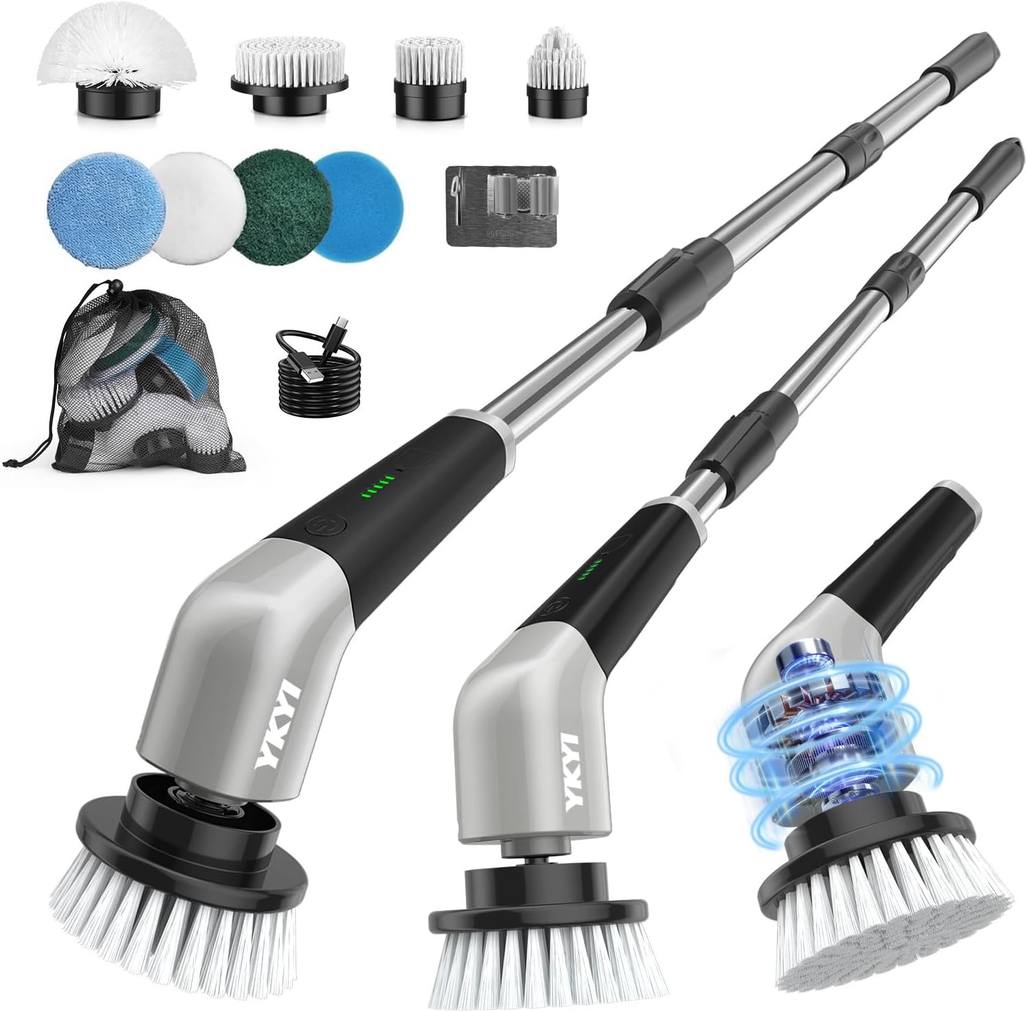 YKYI Electric Spin Scrubber, Cordless Cleaning Brush with 8 Replaceable Brush Heads, Power Scrubber with Adjustable Extension Handle for Bathroom, Tub, Tile, Floor and Kitchen Cleaning (Grey)