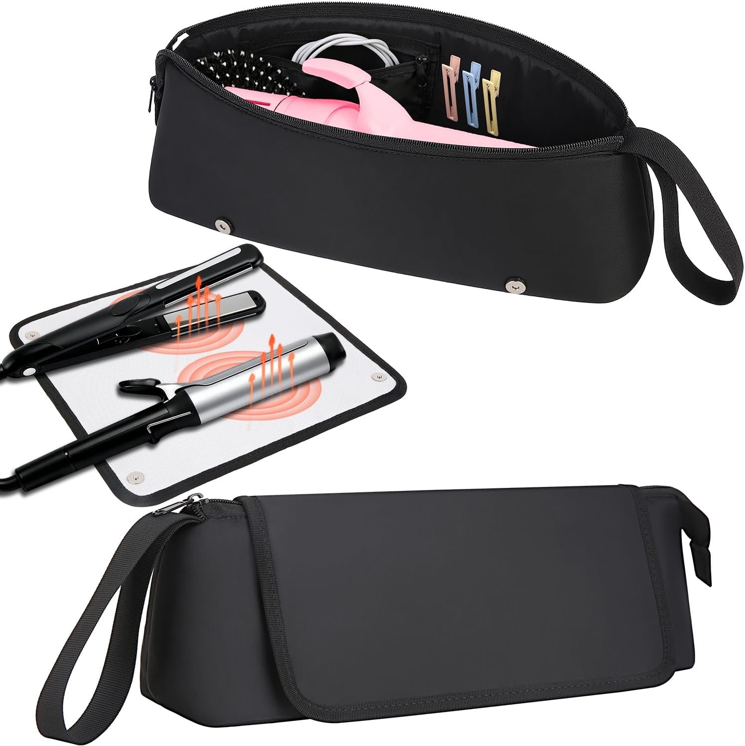 Hair Tools Travel Bag with Heat-Resistant Mat, Large Capacity Organizer for Curling Iron, Flat Iron, Blow Dryer & Hair Accessories, Portable Travel Case for Styling Tools (Black)