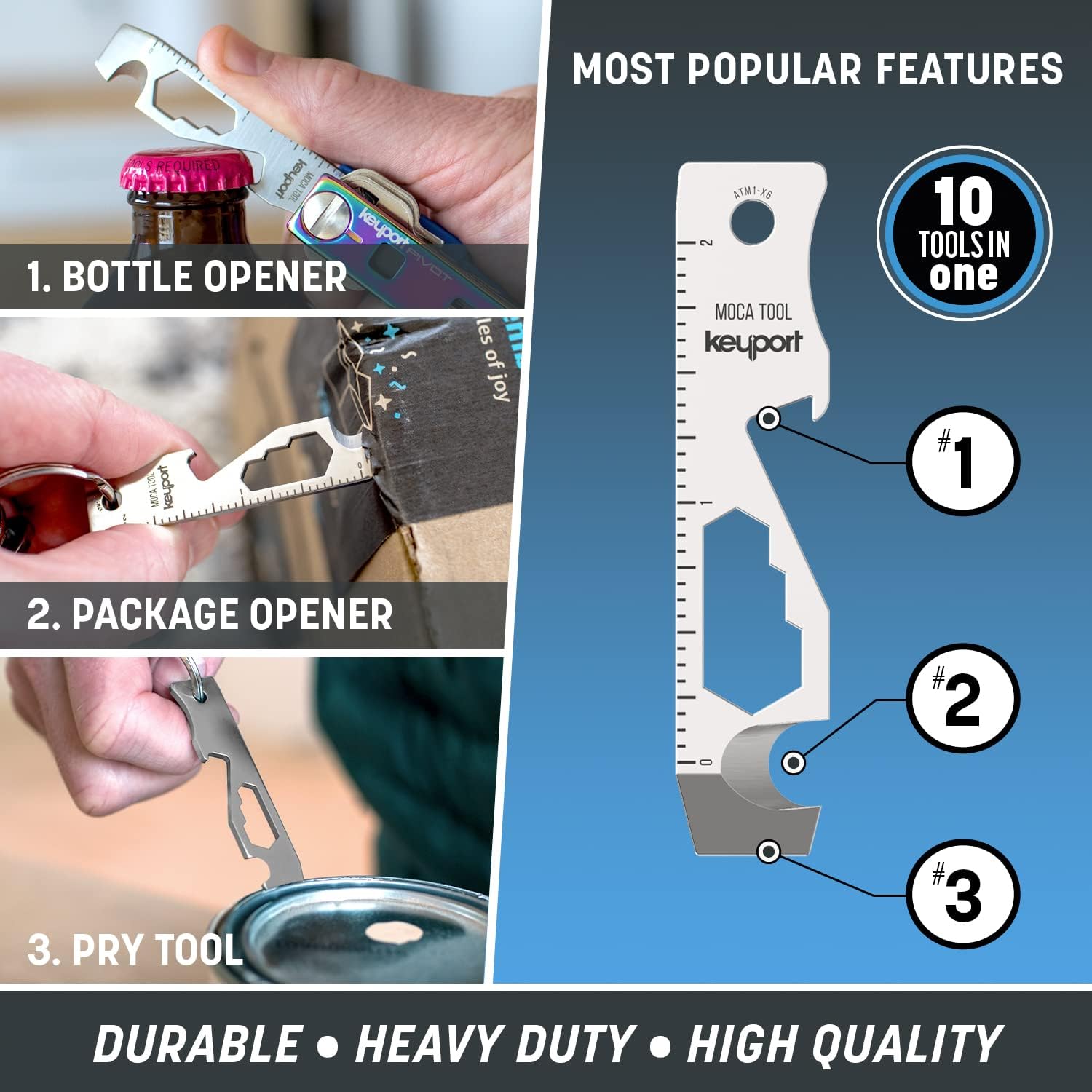 Keyport MOCA 10-in-1 Keychain Multitool (Stainless) | EDC Multi Tool: Pry Bar, Bottle Opener, Screwdriver, Box Opener, Cord Cutter & More | TSA Key Tool | EDC Gear | For Key Organizer & Key Chain - Image 2
