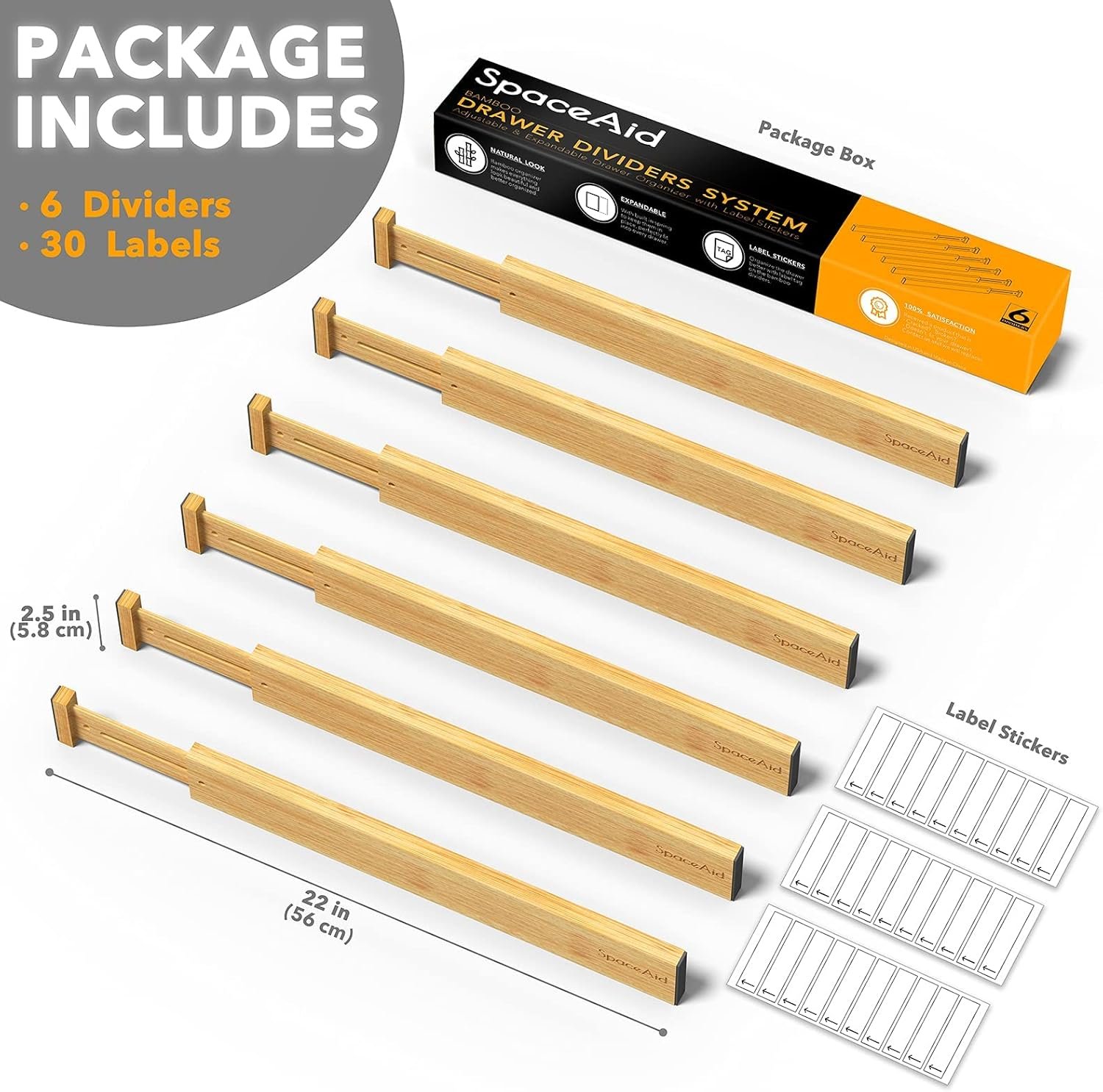 SpaceAid Bamboo Drawer Dividers with Labels, Kitchen Adjustable Drawer Organizers, Expandable Organization for Home, Office, Dressers and Bathroom, 6 Dividers (17-22 in) - Image 2