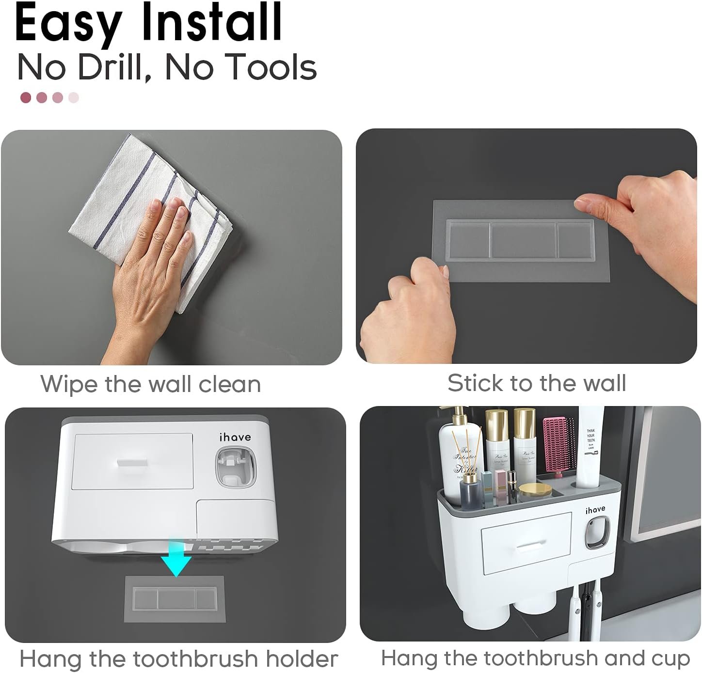 iHave Toothbrush Holders for Bathrooms, 2 Cups Toothbrush Holder Wall Mounted with Toothpaste Dispenser - Large Capacity Tray, Cosmetic Drawer - Bathroom Decor & Bathroom Accessories - Image 3