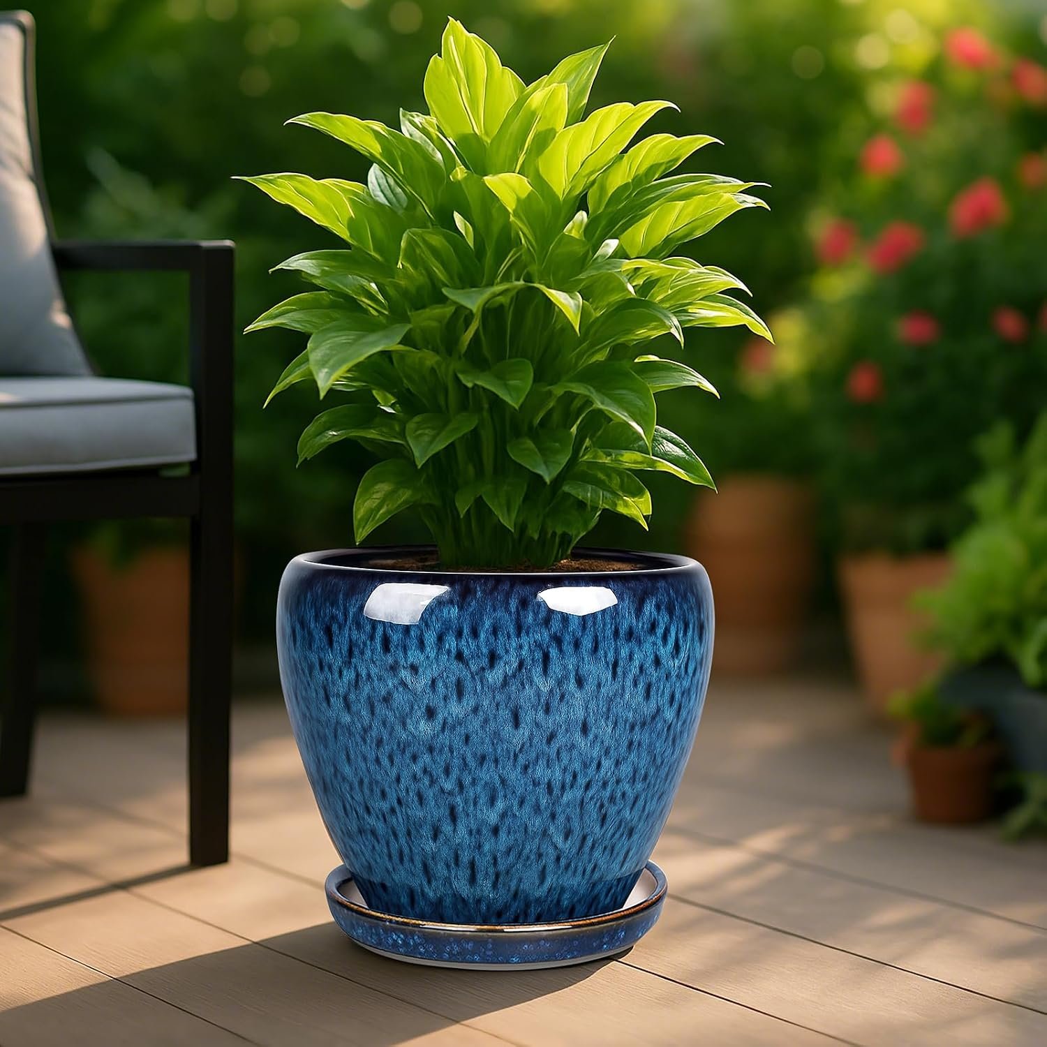 Deep Dream 10 Inch Plant Pot- Ceramic Planter Pot Round Plant Pots for Indoor Plants Outdoor Large Flower Pot with Drainage Holes & Trays, Blue - Image 3