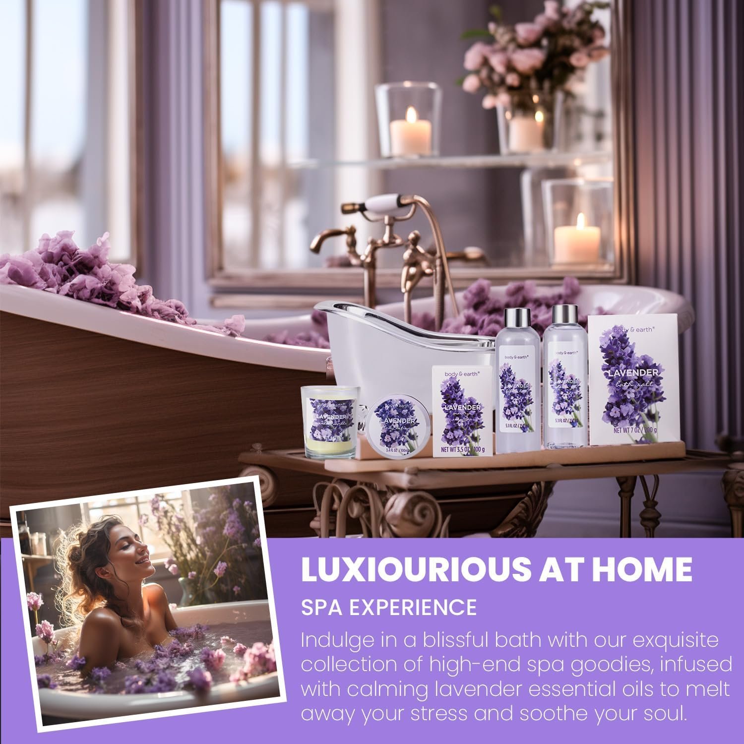 Gift Baskets for Women Body & Earth Gifts for Women, Skin Care Gifts Set 7Pcs Lavender Bath Kit, Spa Set with Shower Gel, Bubble Bath, Scented Candle, Birthday Gifts & Mothers Day Gifts for Her, Womens Home Gifts Idea, Mother's Day Gift, Gifts for Mom - Image 5