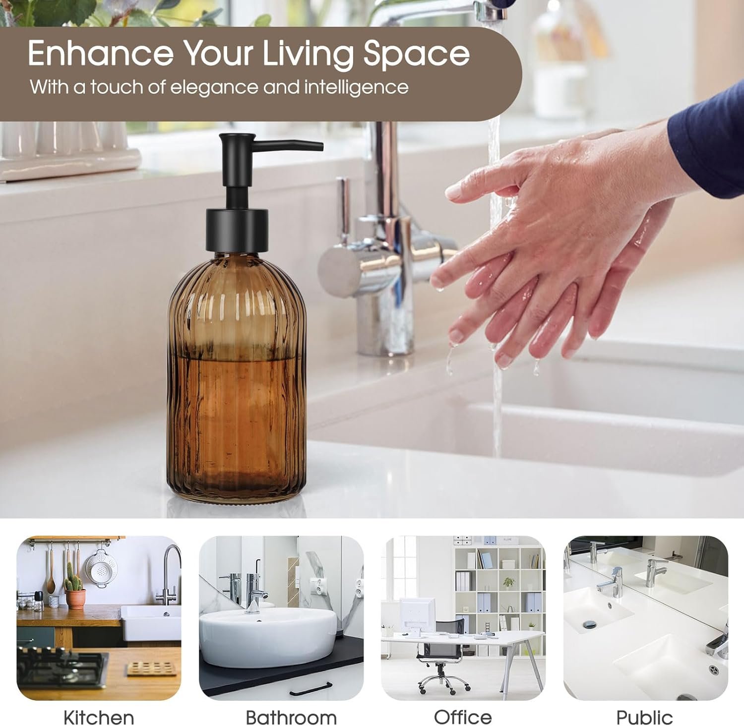 Topsky Glass Soap Dispenser with Black Plastic Pump, 400ml Liquid Hand Soap Dispenser, Rustproof Pump for Kitchen & Bathroom, Great for Lotions, Essential Oil, Liquid Soaps-Amber - Image 5
