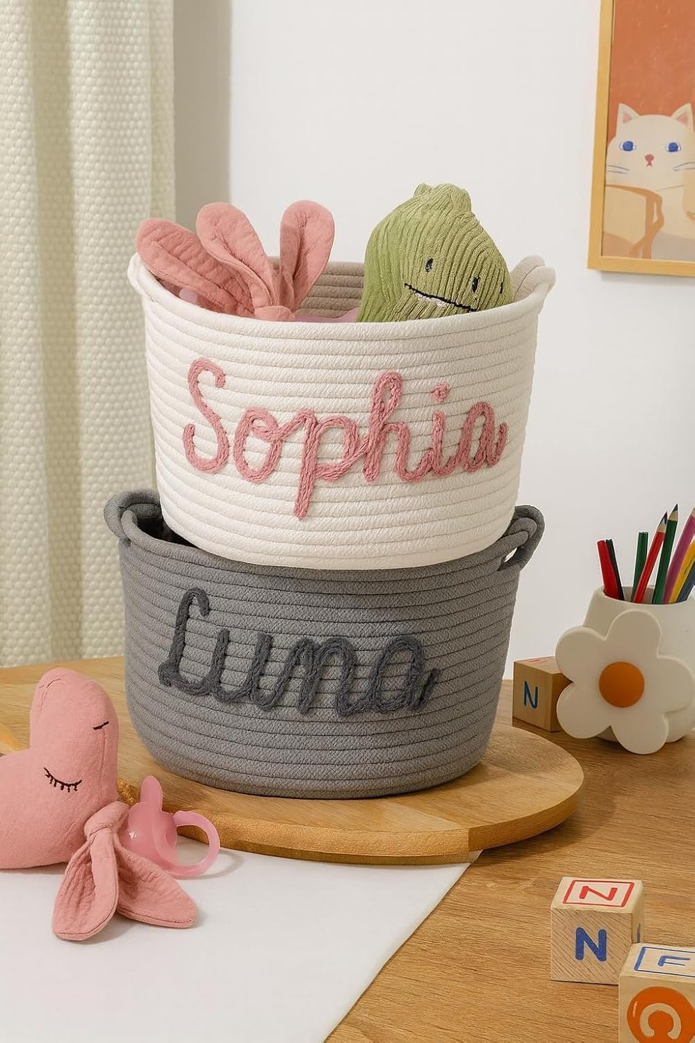 MBBEST Personalized Babys Shower Basket – Custom Rope Cotton Baby Basket with Name – Newborn Keepsake, Nursery Storage, Small Diaper Caddy Organizer, Cute Girl & Boy Baby Gifts - Image 6